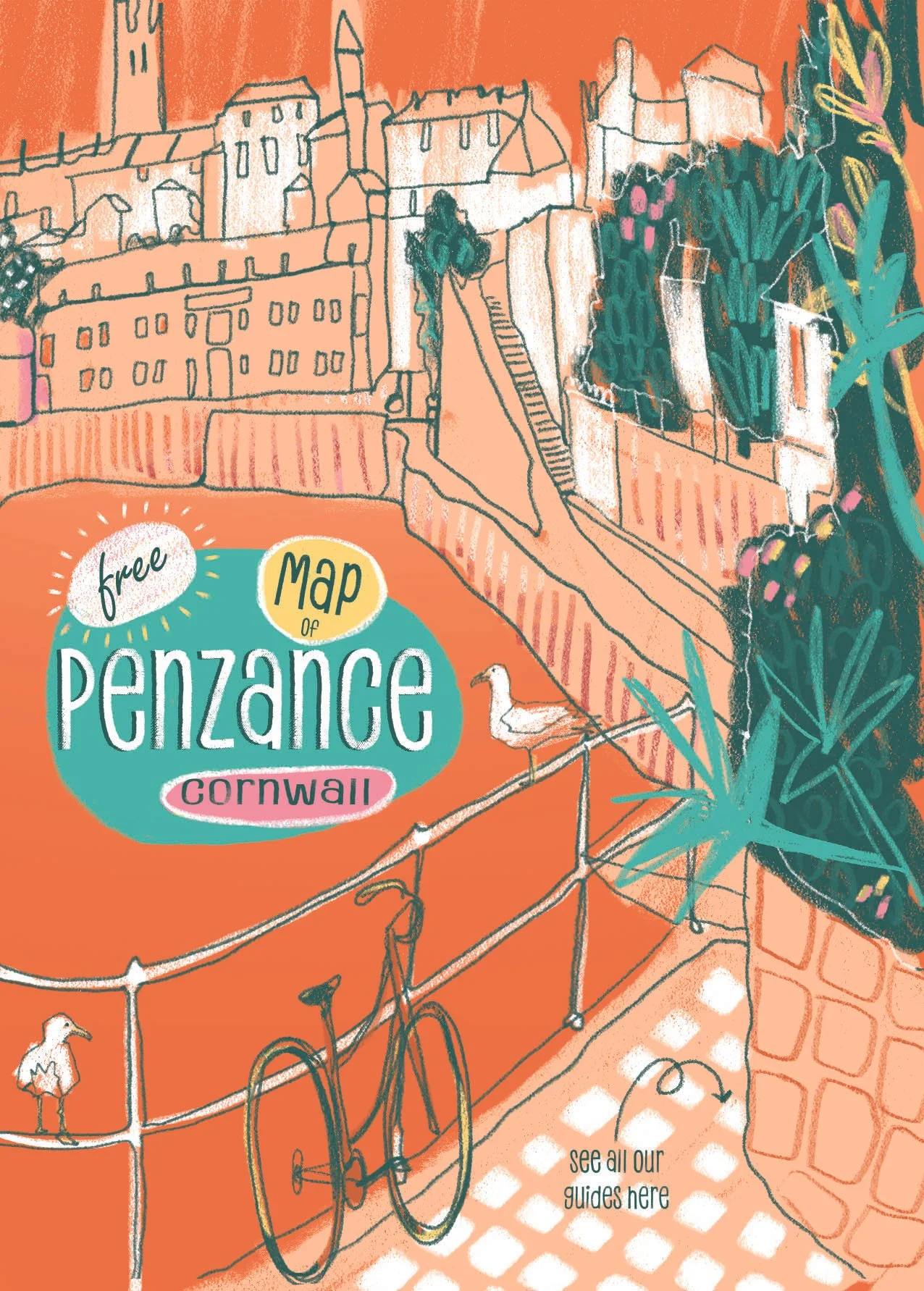 Colorful illustrated map of Penzance, Cornwall, featuring buildings, trees, a bicycle, gulls, and a pathway with stairs, with a label indicating it is a free map of Penzance.