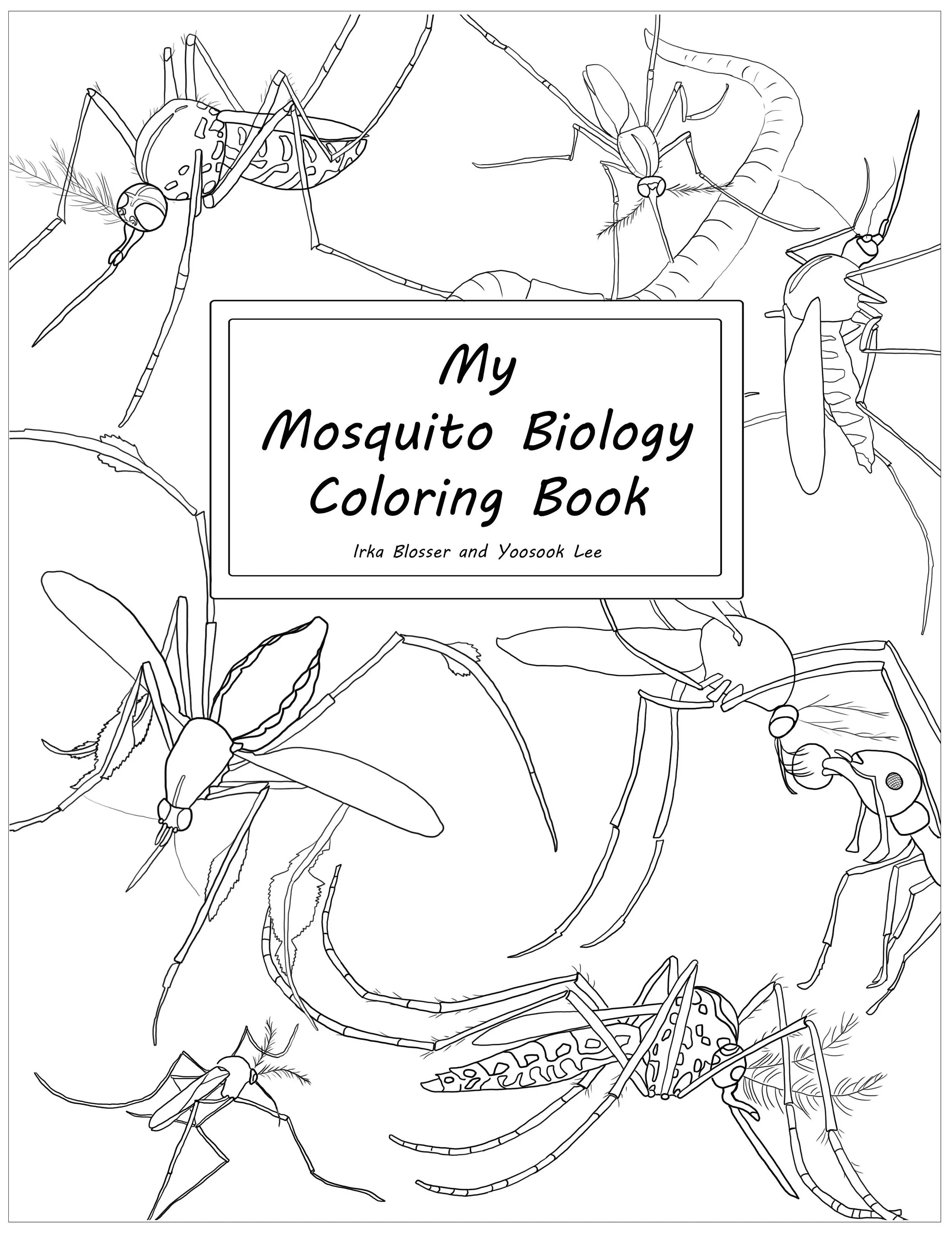 Outline drawing of various mosquitoes surrounding a central title box that reads 'My Mosquito Biology Coloring Book' by Irka Blosser and Yoosook Lee.