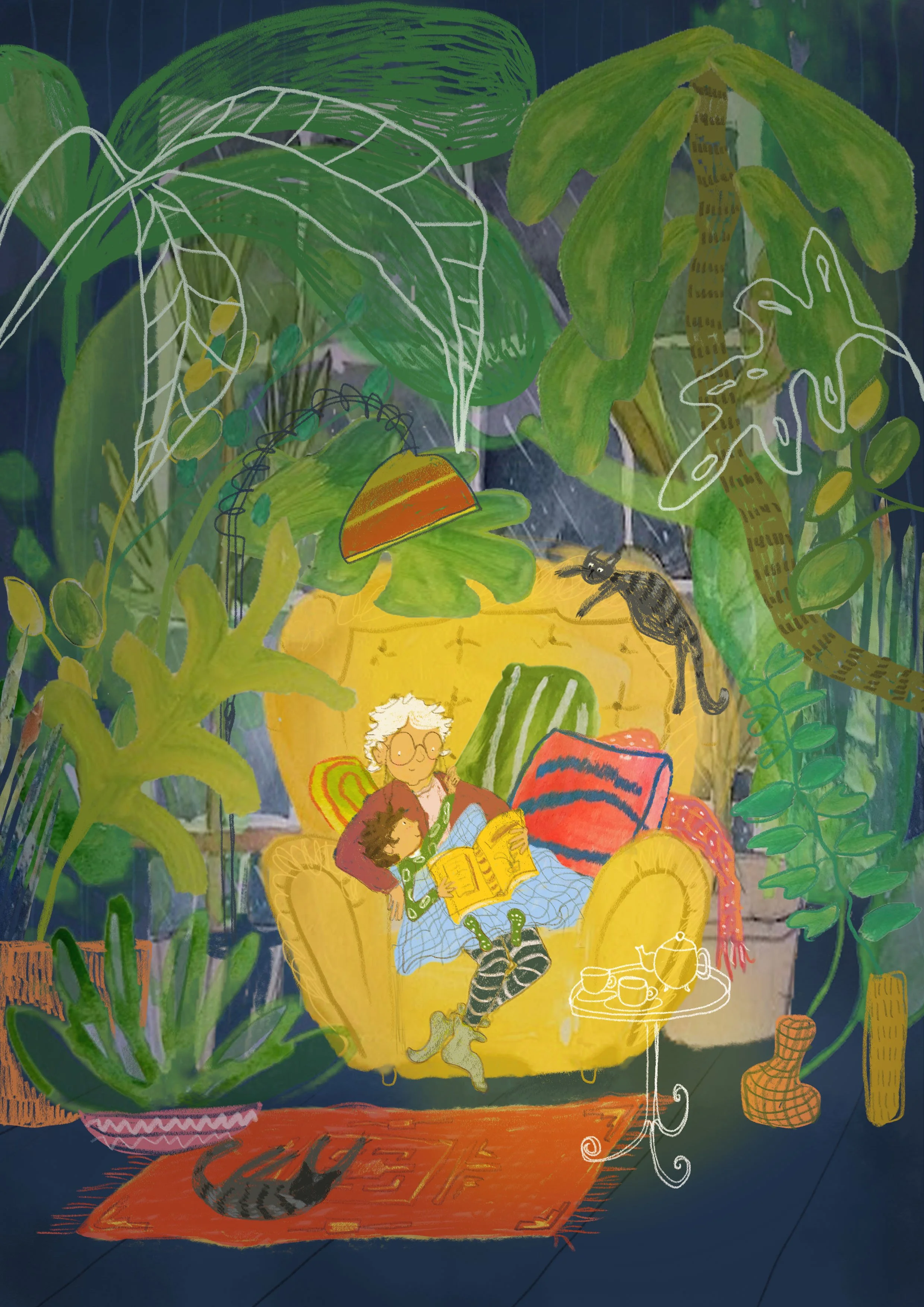 A cozy indoor scene with a person reading a book with a child on their lap, sitting on a vibrant yellow armchair surrounded by lush green plants, with a small table holding a teapot and cups nearby, and a cat lying on a red rug on the dark floor.