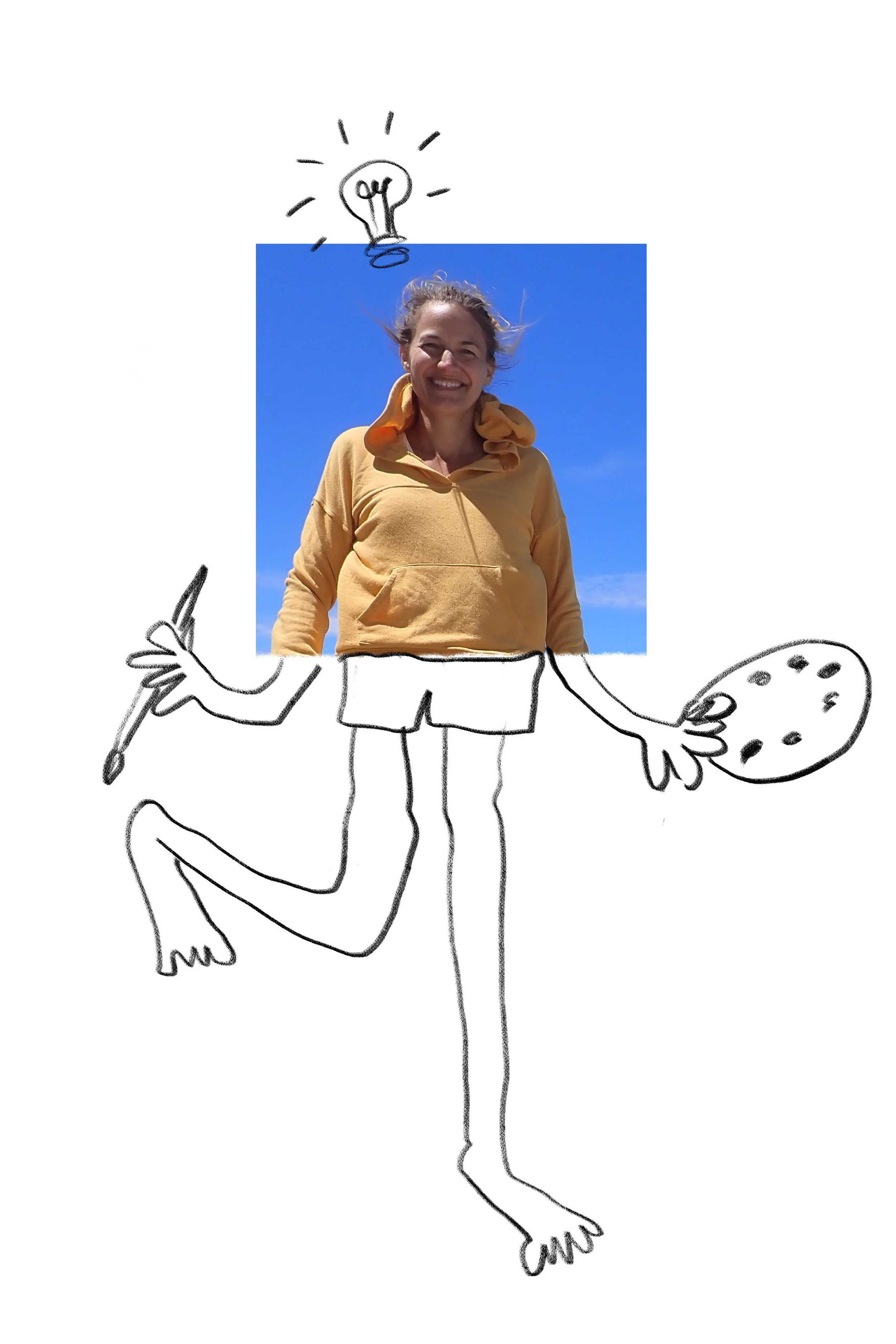 A person with a real photo head and cartoon body, holding a paintbrush in one hand and a paint palette in the other, with a light bulb above their head and the sky in the background.