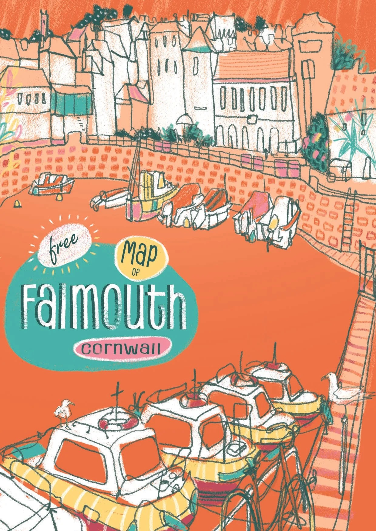 Colorful illustrated map of Falmouth, Cornwall showing boats docked at the harbor, buildings, and a hillside with houses.