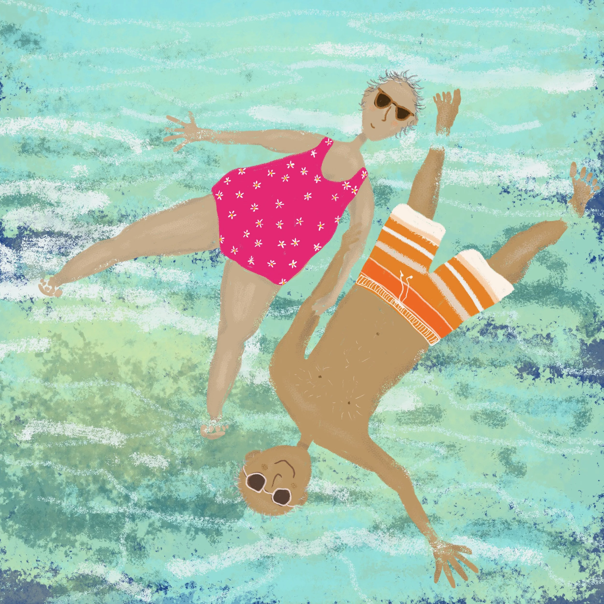 A woman and a man are floating on water, wearing swimsuits and sunglasses, smiling and waving.