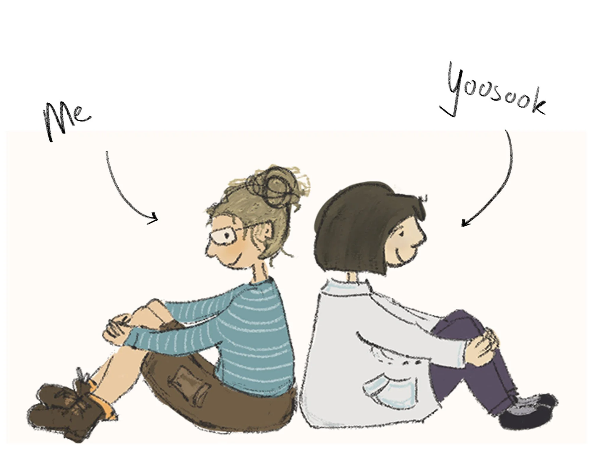 A colorful drawing of two people sitting back-to-back with handwritten text pointing to each. The person on the left has light hair, glasses, and is wearing a striped blue shirt and brown shorts. The person on the right has dark hair and is wearing a white shirt with purple pants. The text above points to the person on the left says "Me," and the text above points to the person on the right says "Yousook."
