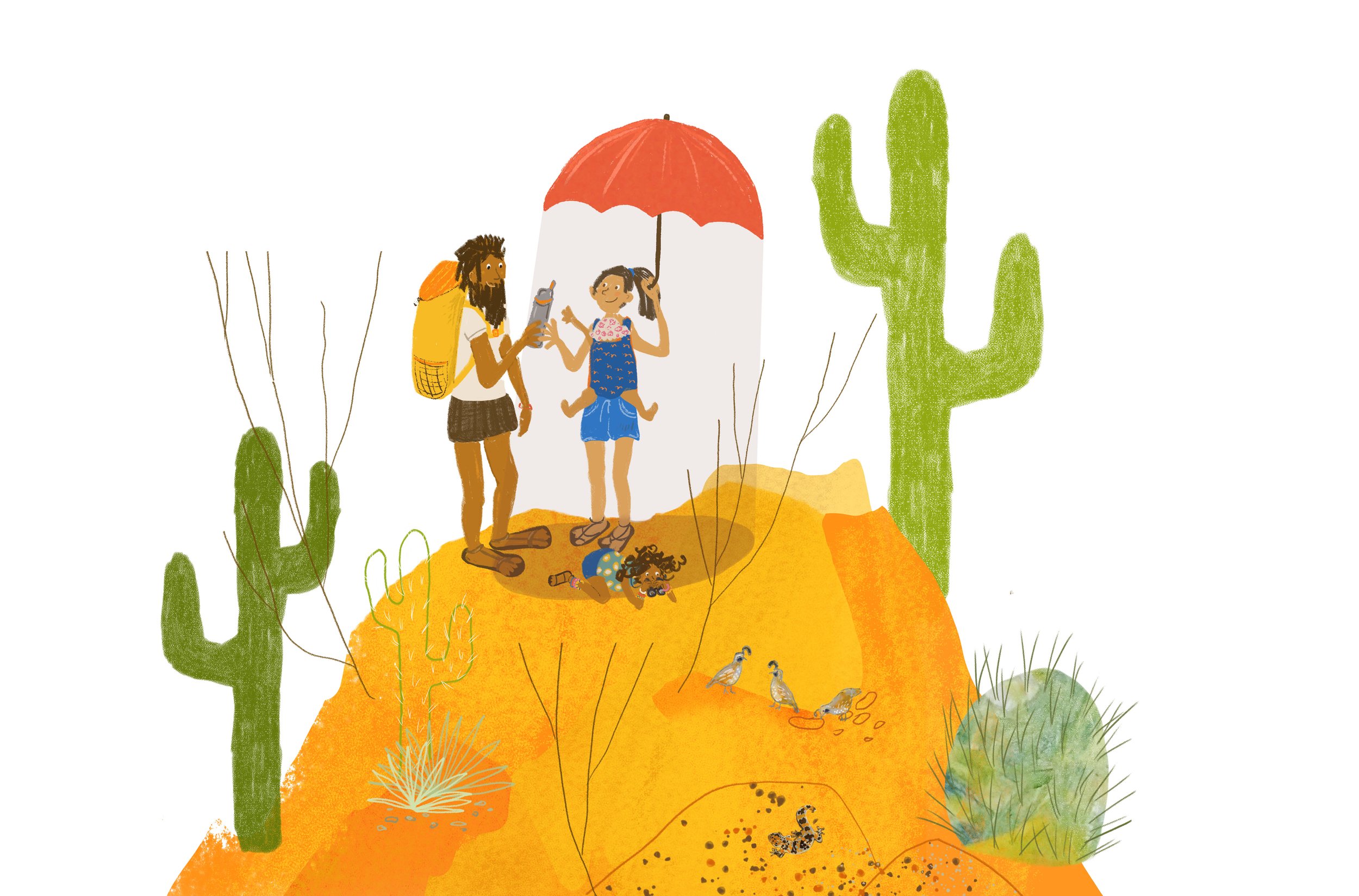 Illustration of a desert scene with two people, a man with dreadlocks and a girl with pigtails, standing on a sandy hill. They are under a red umbrella, surrounded by cactus plants and small desert vegetation. The man offers a drink to the girl, who 