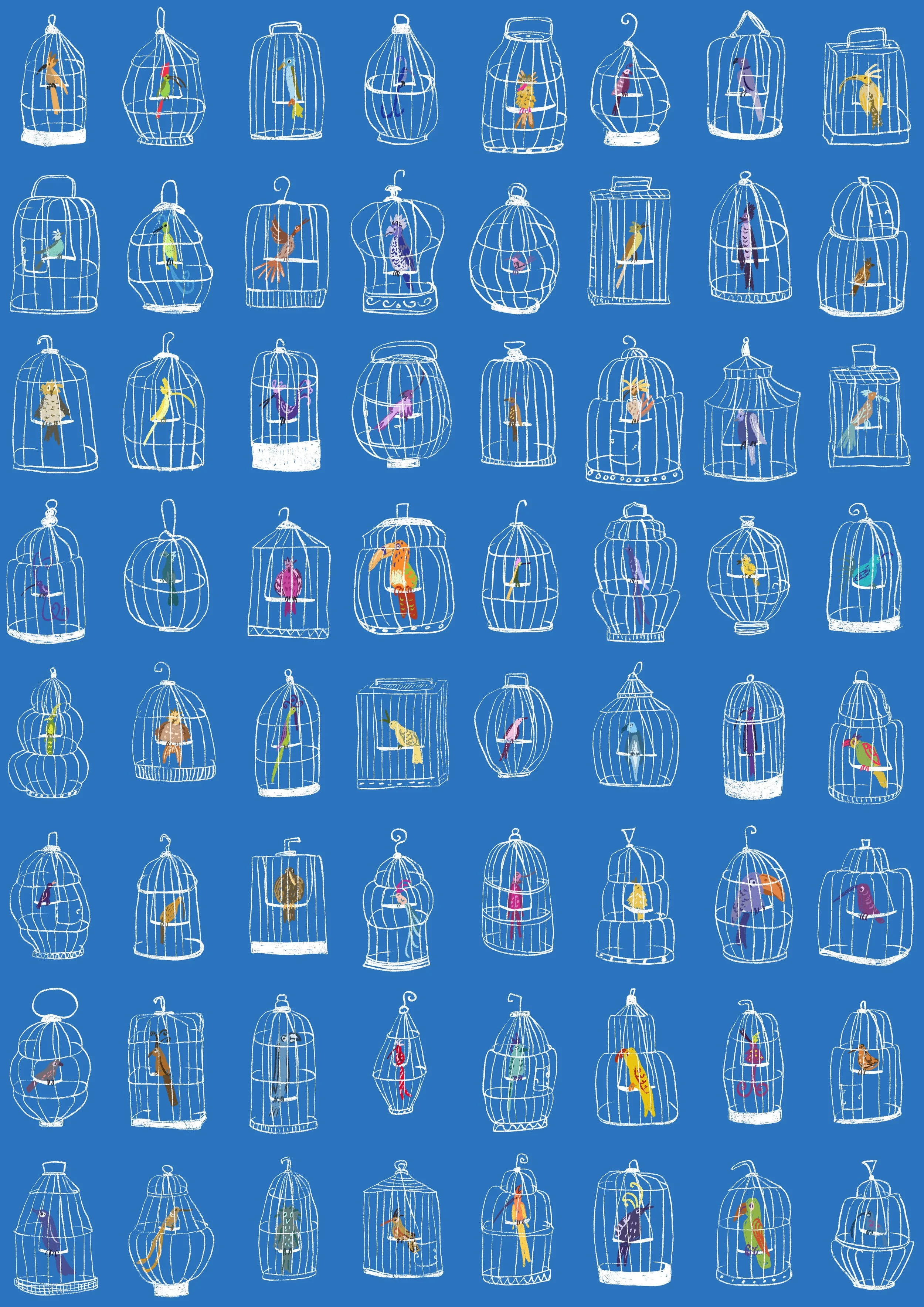 A colorful illustration of various birds inside different styled white birdcages on a blue background.