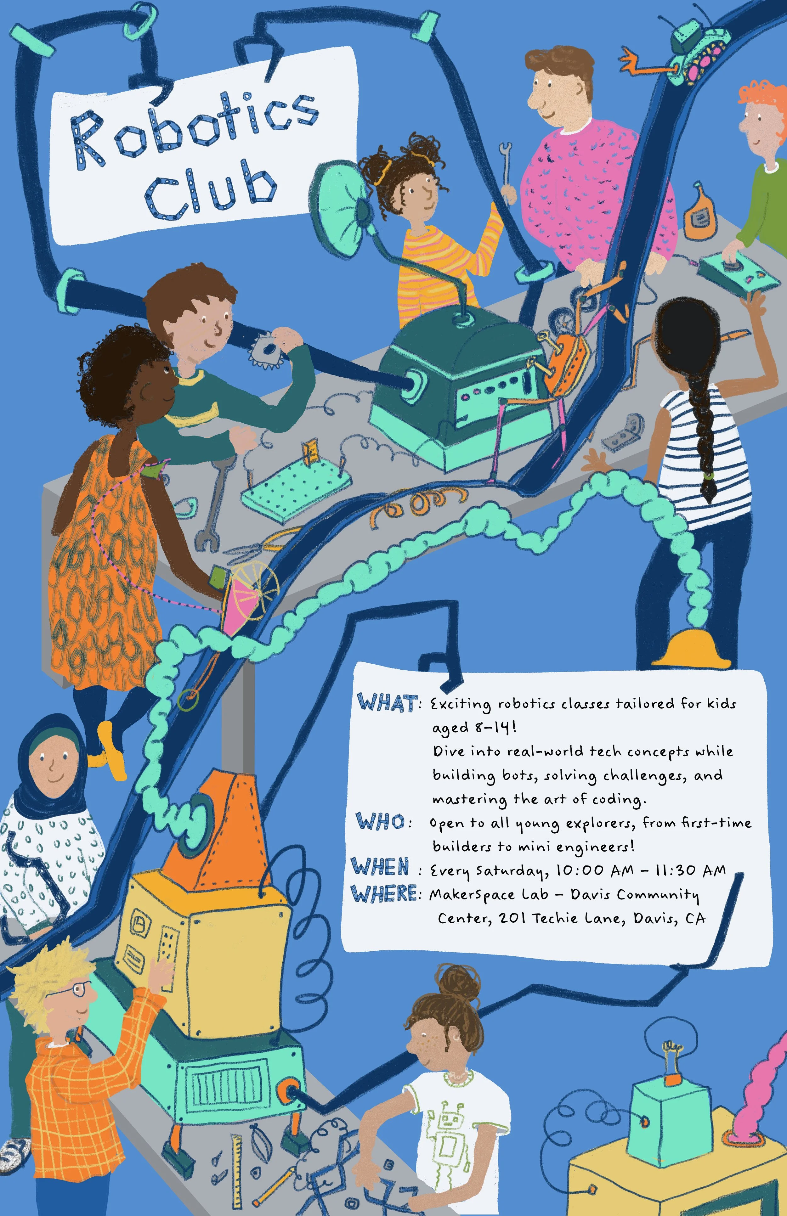 Illustration of children participating in a robotics club, building and programming robots with various electronic components, guided by an instructor in a creative, colorful setting.