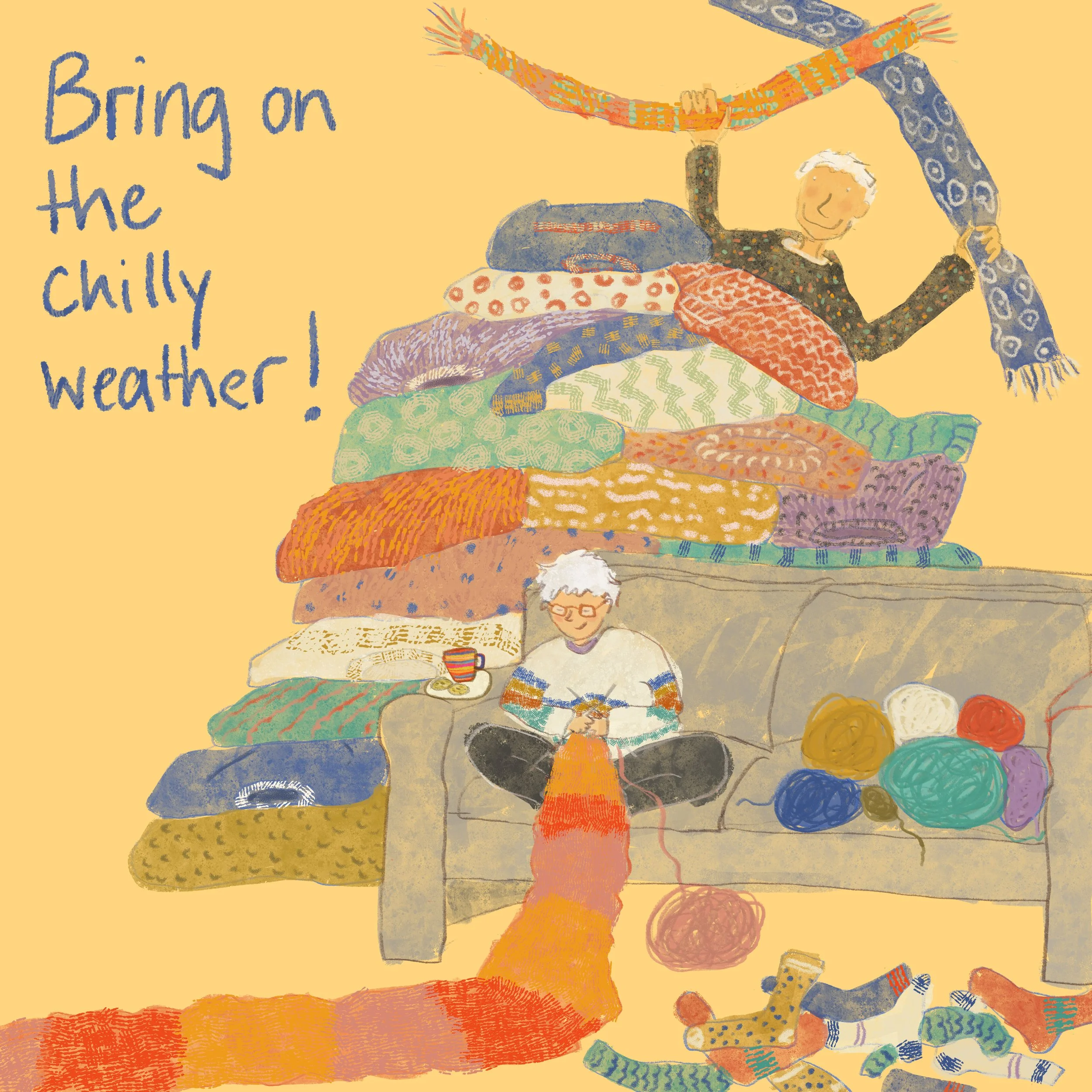 A colorful illustration of two elderly women knitting in a cozy room, with a stack of various patterned sweaters on a couch, knitting balls of yarn, and socks scattered on the floor. The text reads, "Bring on the chilly weather!"