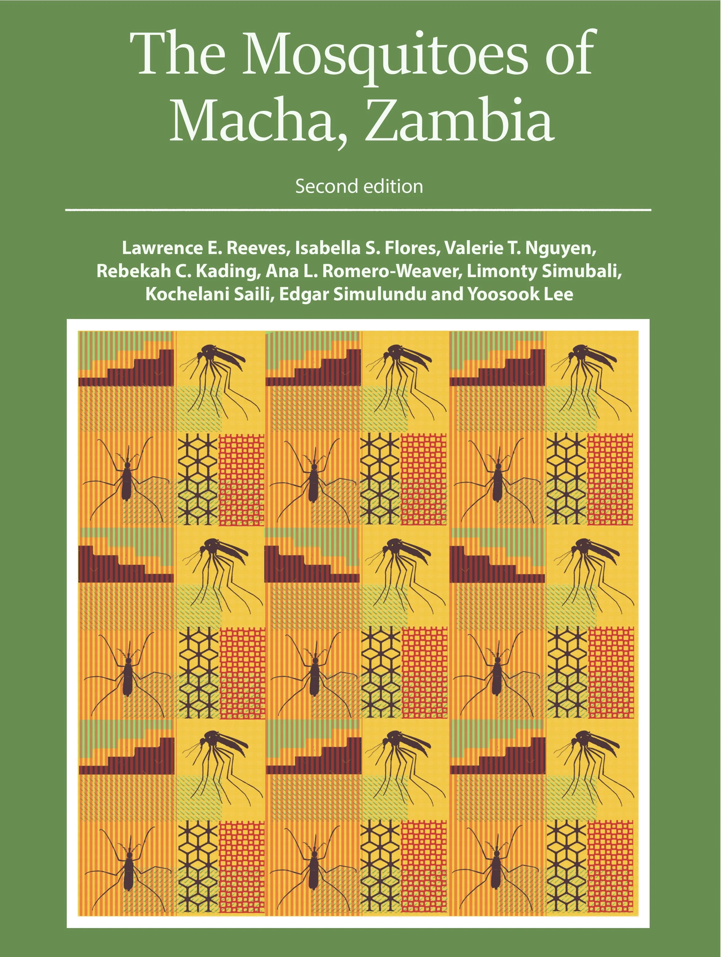 Cover of a book titled 'The Mosquitoes of Macha, Zambia, Second Edition' with a green background and a central collage of mosquito illustrations and geometric patterns in yellow, orange, and red.