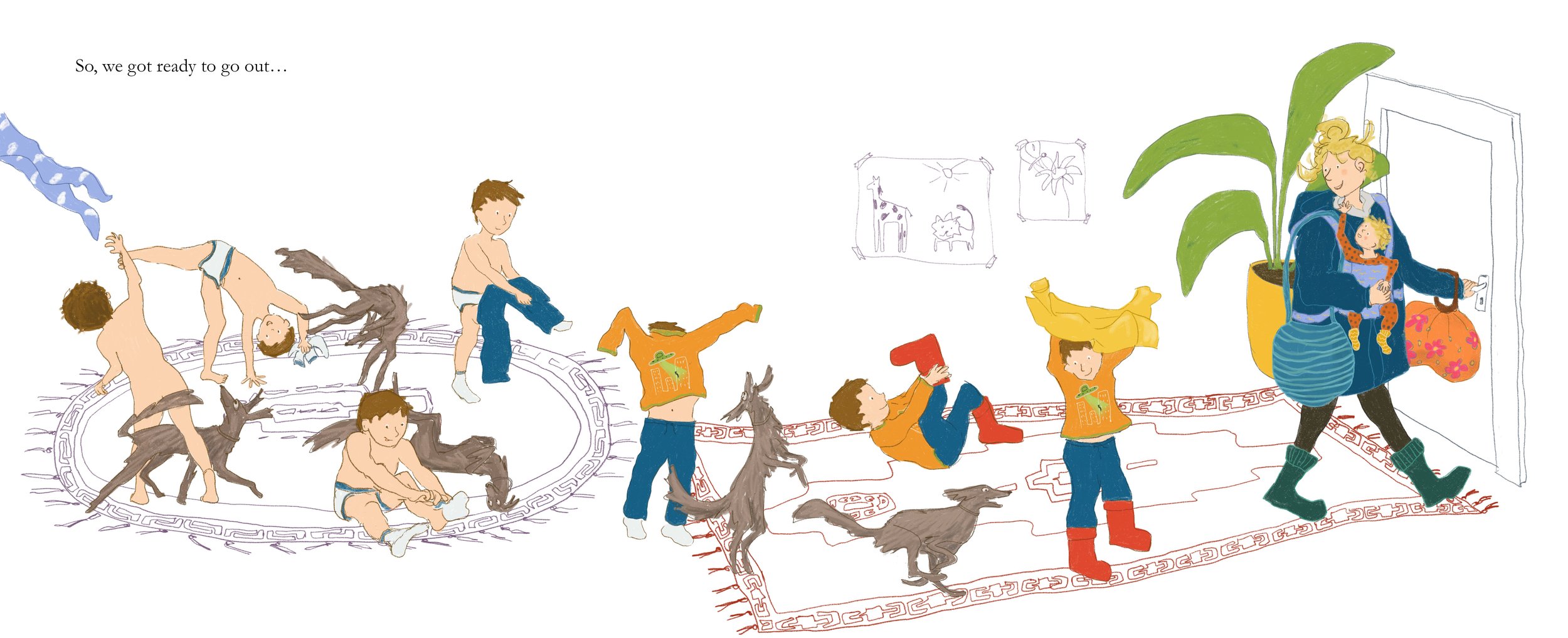 Children playing on a rug with dogs, carrying clothes, and heading out with a woman carrying bags at the door.