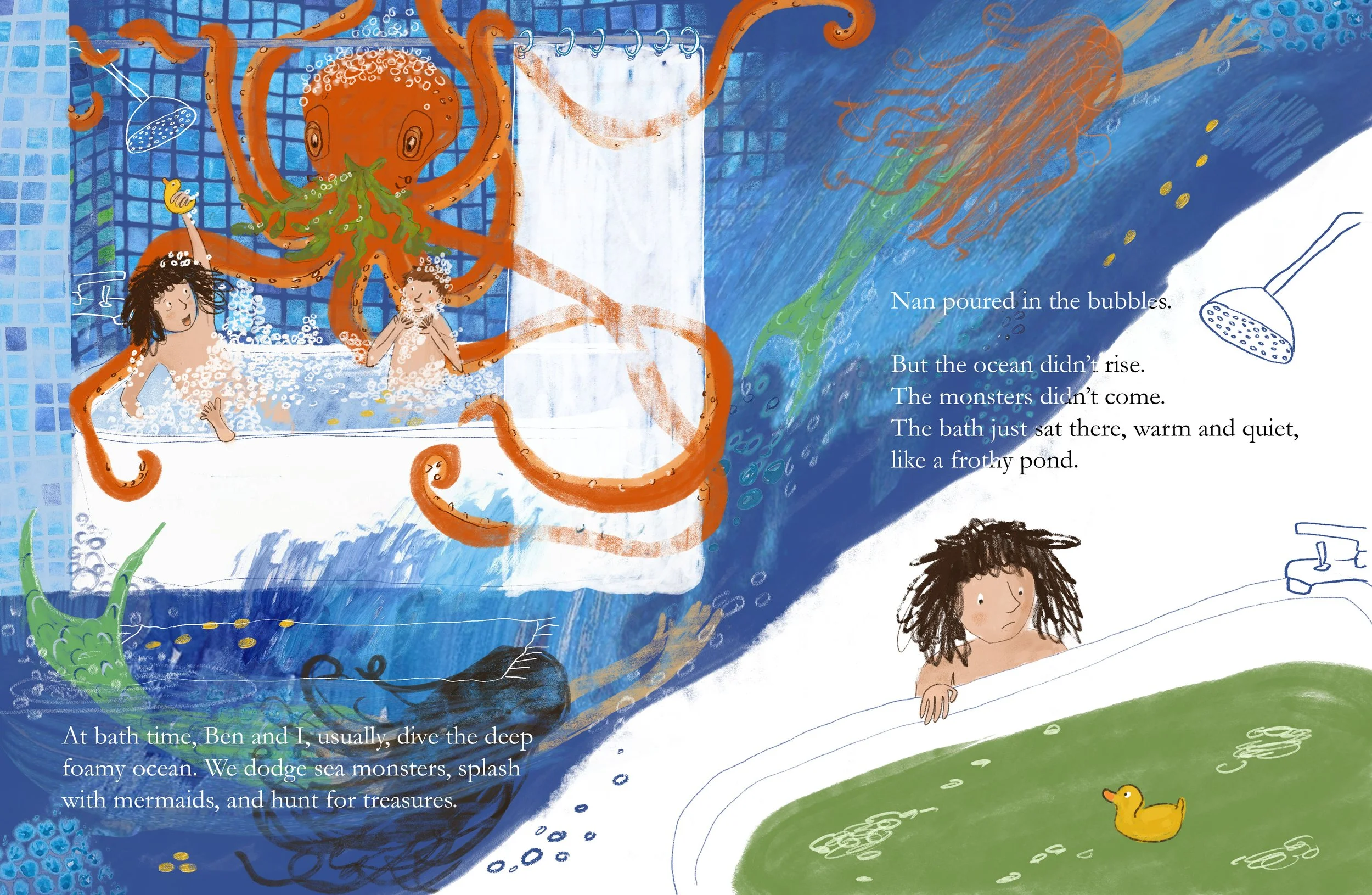 Children taking a bath with an octopus in a bathroom with blue tiled walls, underwater elements, with a yellow duck; a girl peeks over a bathtub.