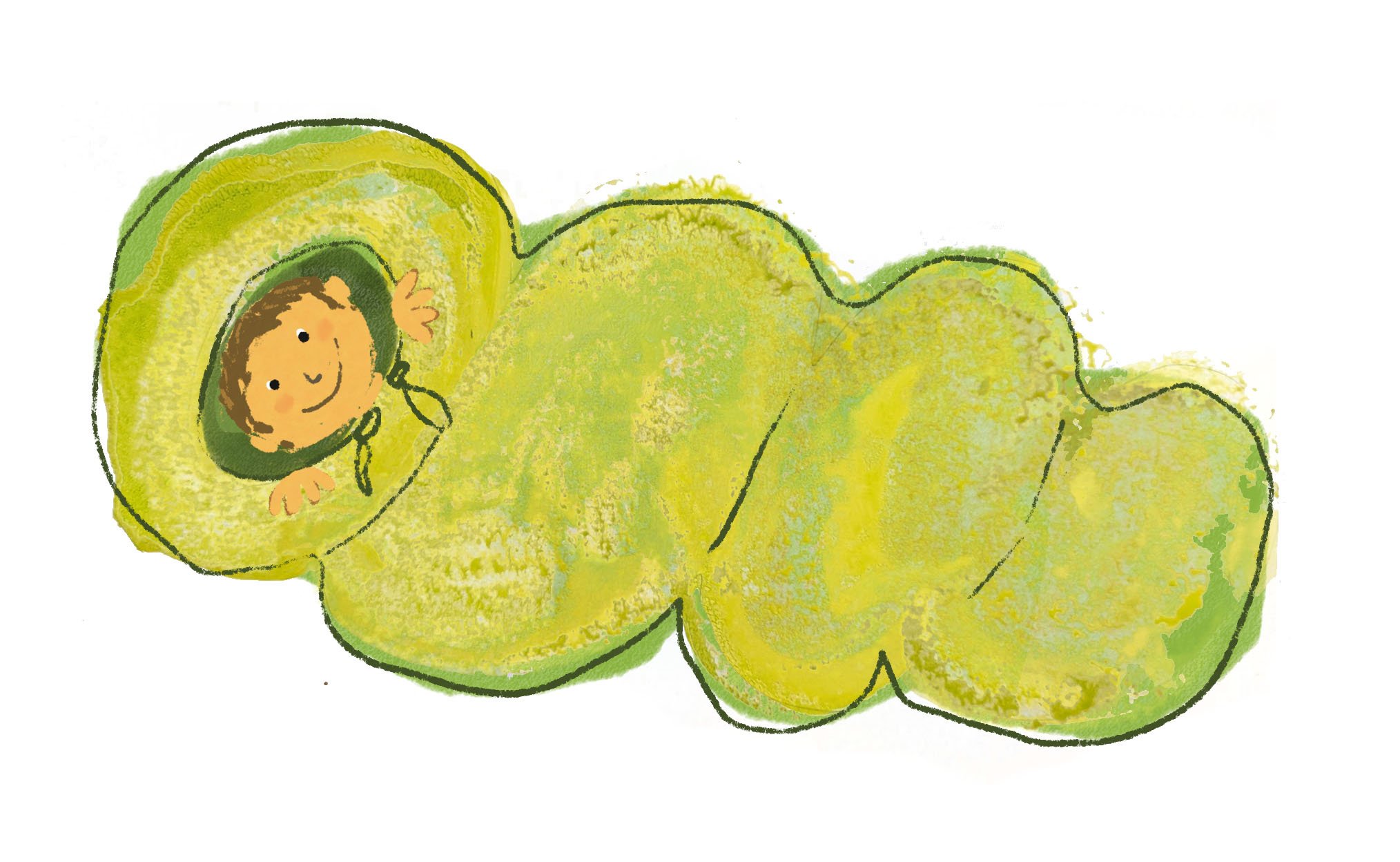 Drawing of a cheerful child in a sleeping bag, with the child's face visible.