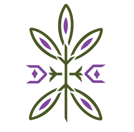 Symmetrical floral design with green leaves and purple accents on a black background.