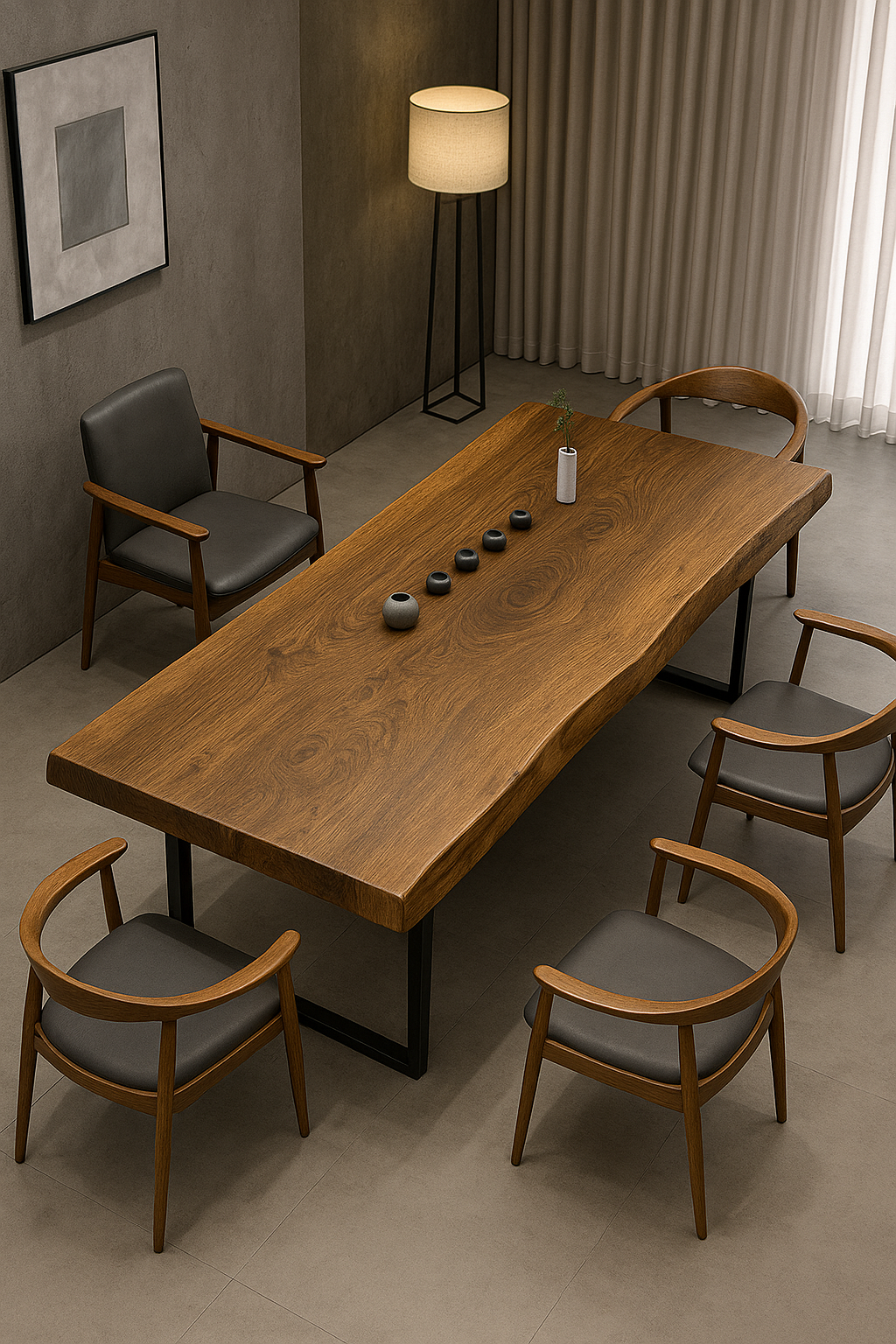 A modern minimalist dining room with a large wooden table, six chairs with gray cushions and wooden frames, a tall floor lamp, a framed abstract art piece on the wall, and cream curtains on the window.