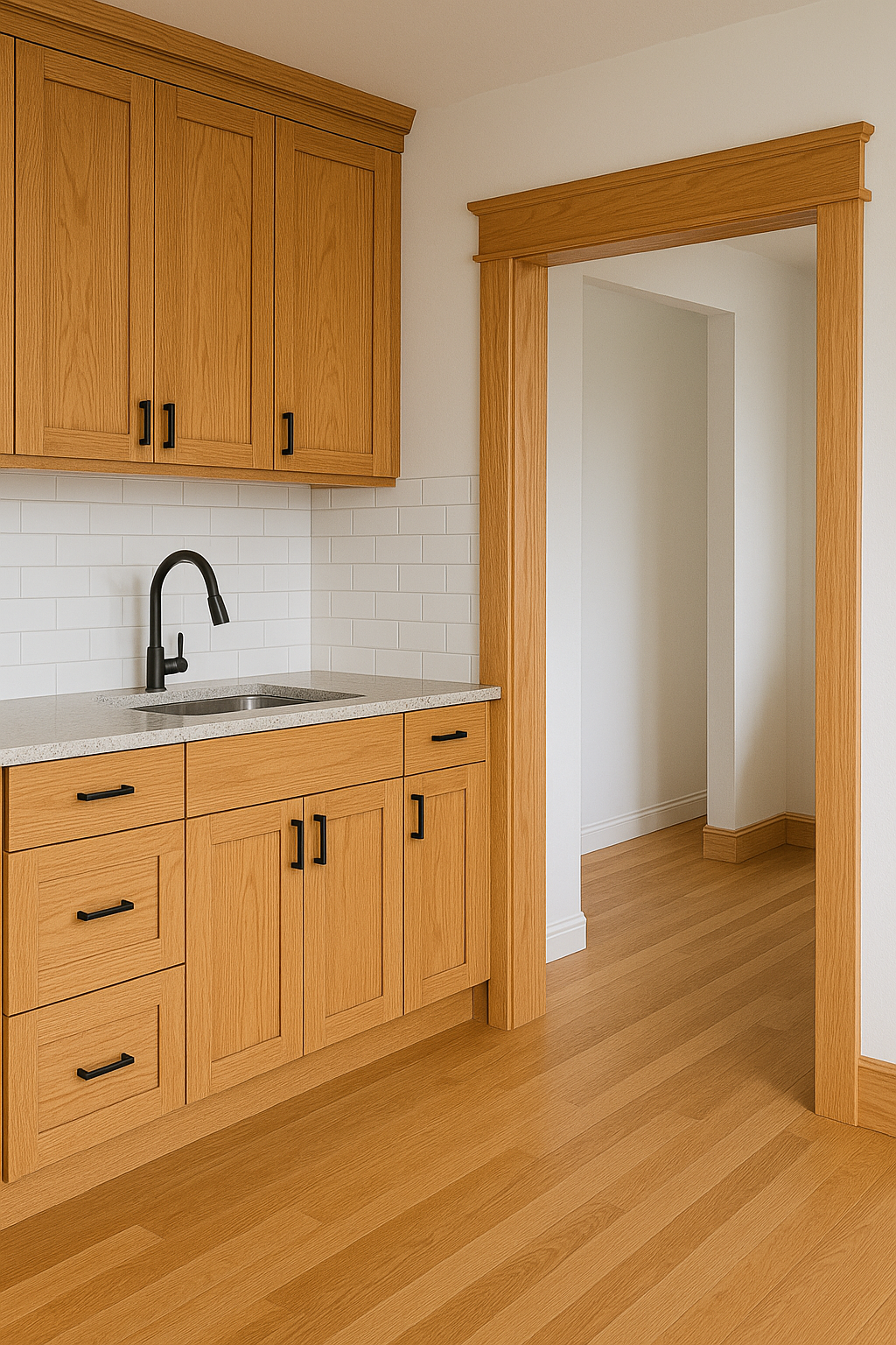 Kitchen with wooden cabinets, black faucet, white subway tile backsplash, beige countertop, and wood floor.
