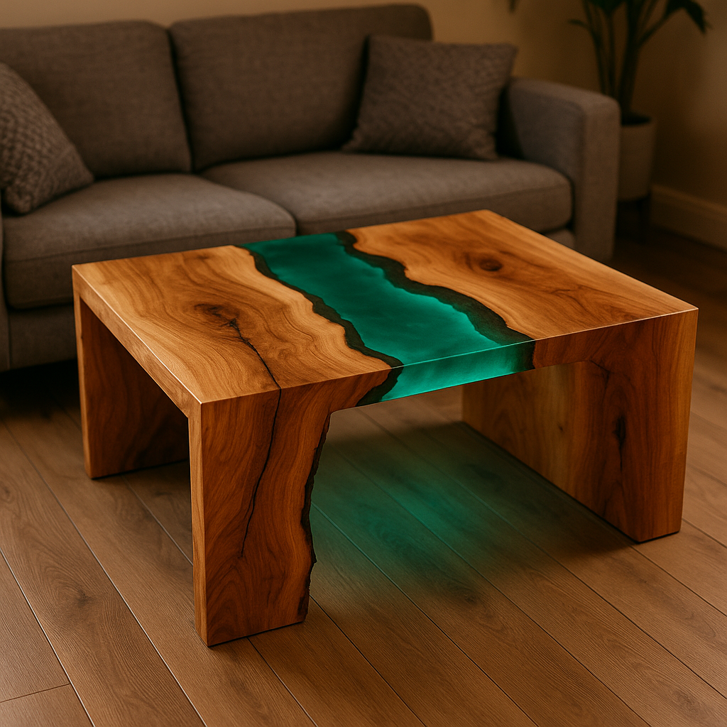Wooden coffee table with a green resin inlay in the center, placed in a living room with a gray couch and wooden floor.