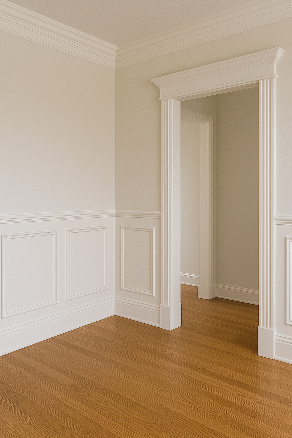 Empty room with cream walls, white decorative molding, and hardwood floors.