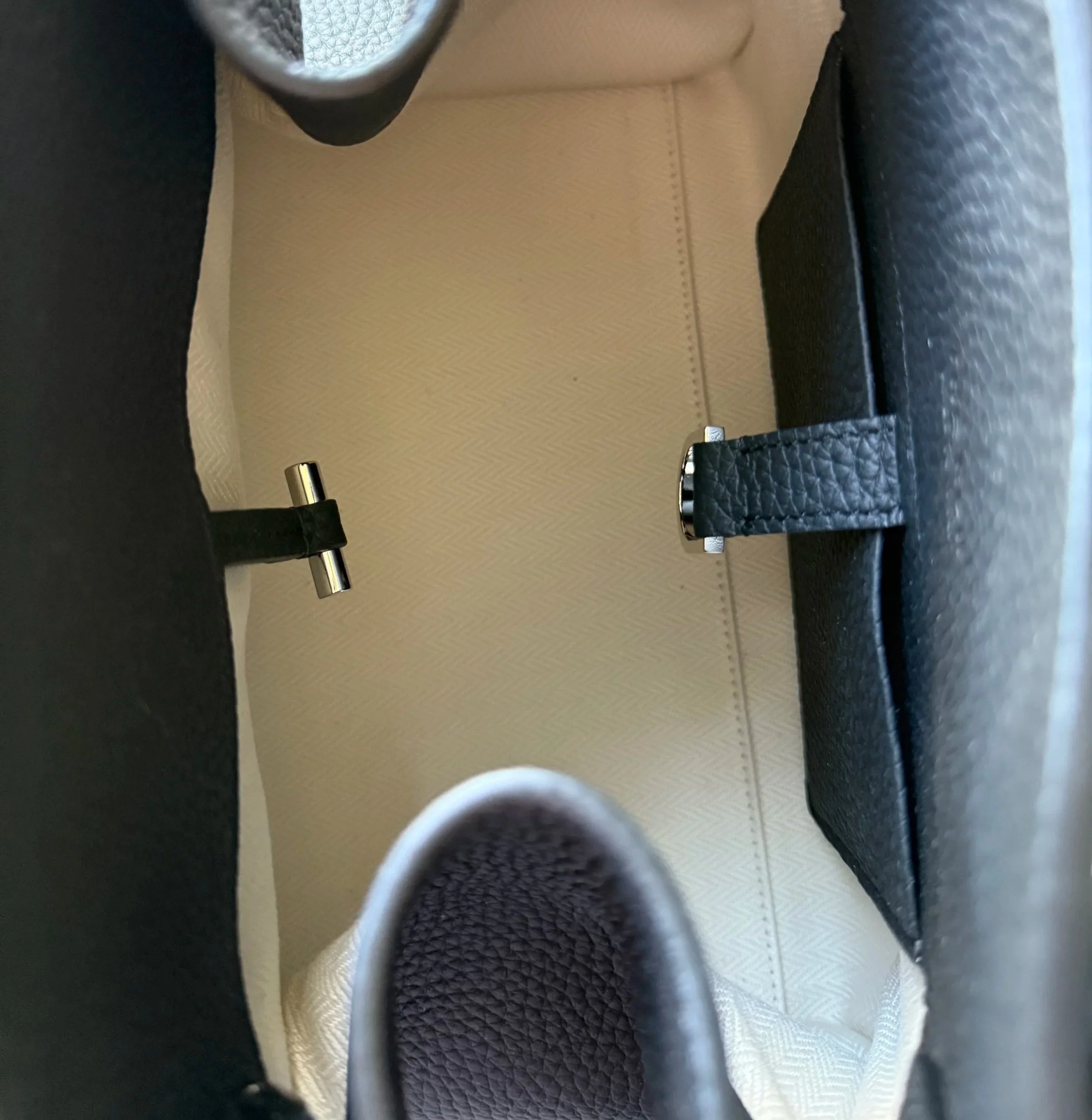 Top view of The Row Margaux 10 in matte grained calfskin — comparison for Violetta’s Bags.