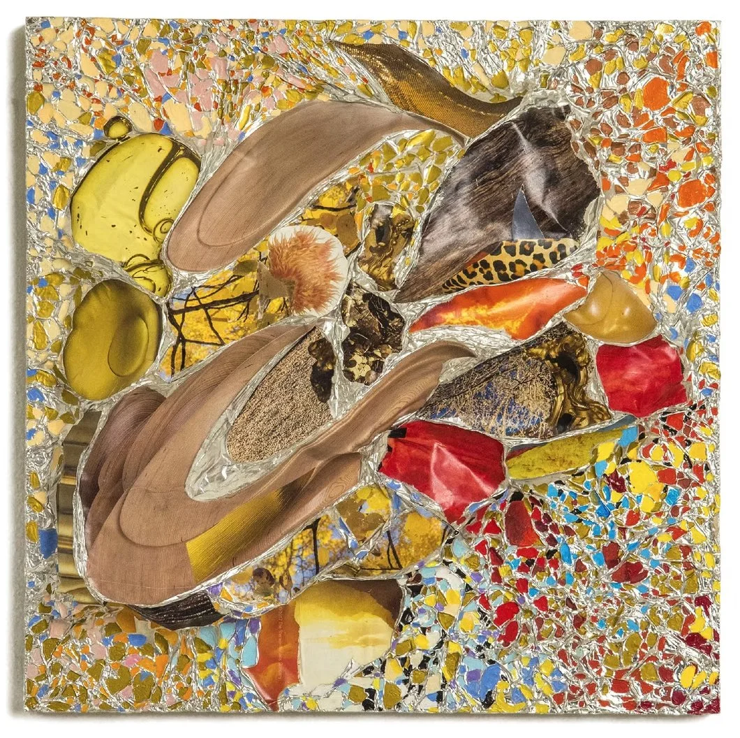 Autumn
Printed paper collage on shaped foil on panel
12" x 12" x 2"  (2018)