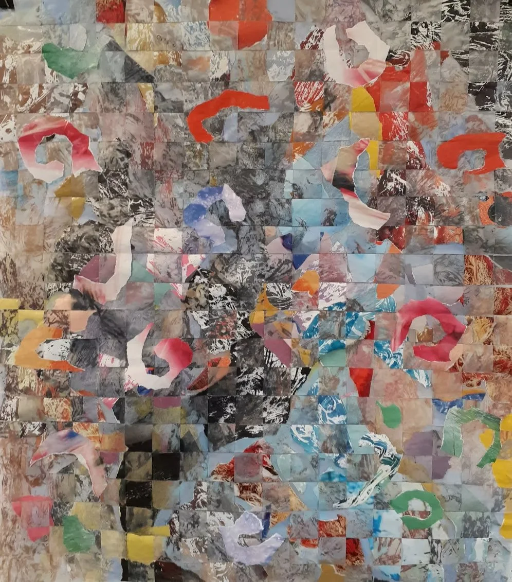 Laughing
Woven collage, mixed media on vellum
21" x 19"  (2021)