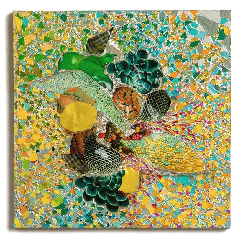 Seaward
Printed paper collage on shaped foil on panel
10" x 10" x 2"  (2017)