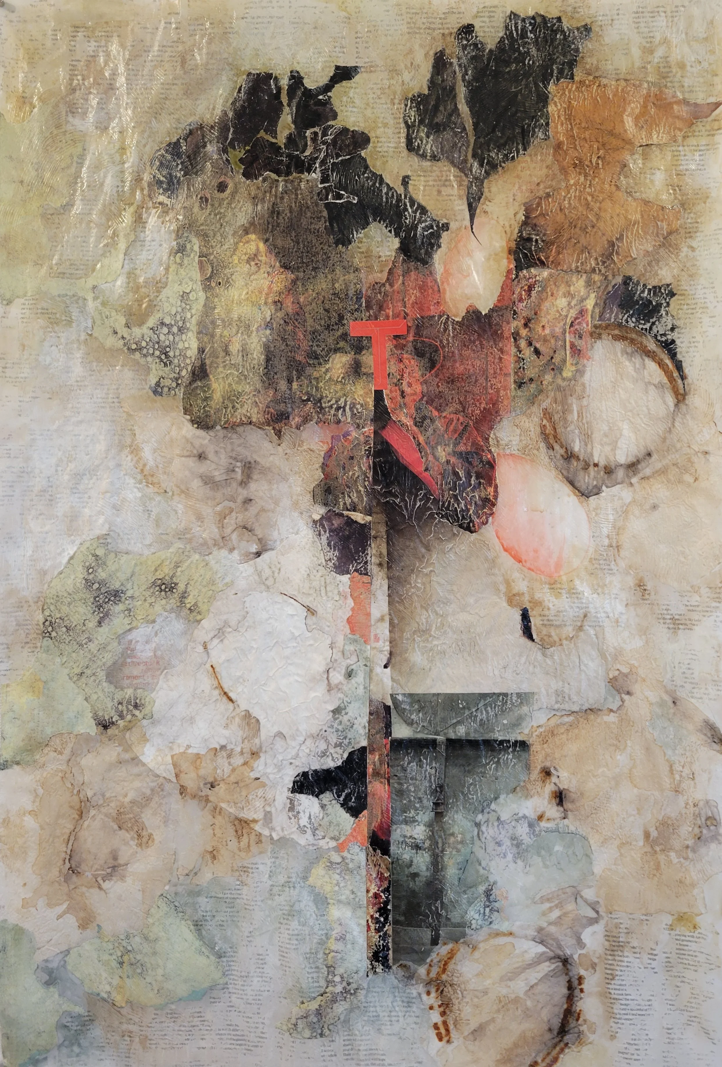The debris of a poet
Collage with mixed media on vellum
36" x 24"  (2025)