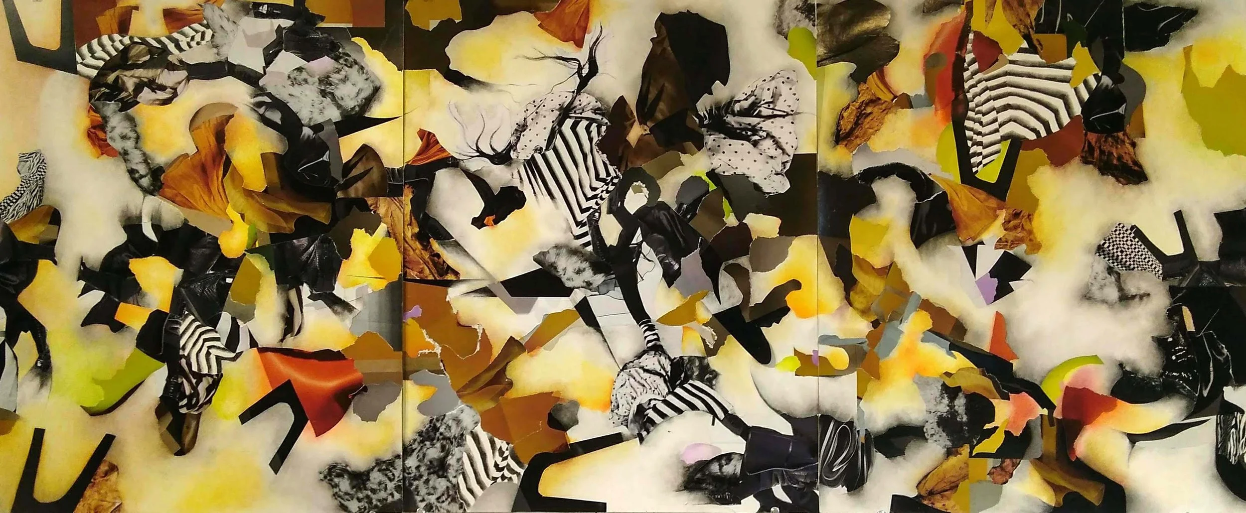 Triprych
Collage with mixed media on Bristol, on panel,
3 panels, each 24" x 18" - 24" x 54" together  (2020)