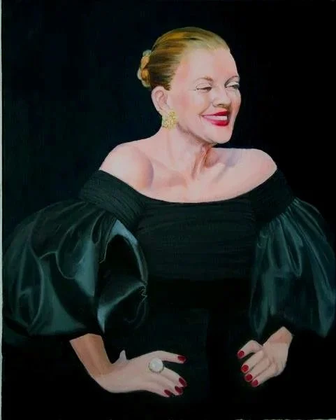 Painting of a woman with red hair styled in an updo, wearing a black off-the-shoulder dress with puffy sleeves, red lipstick, and large gold earrings, smiling against a dark background.