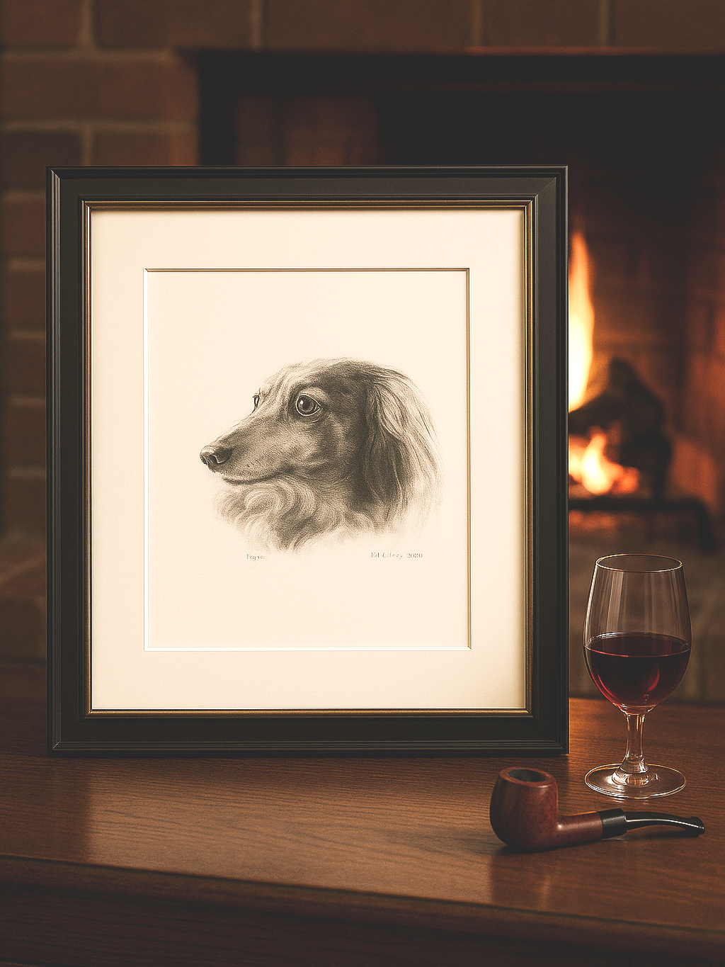 A framed pencil drawing of a dog's head on a wooden table, with a glass of red wine, a smoking pipe, and a fireplace in the background.