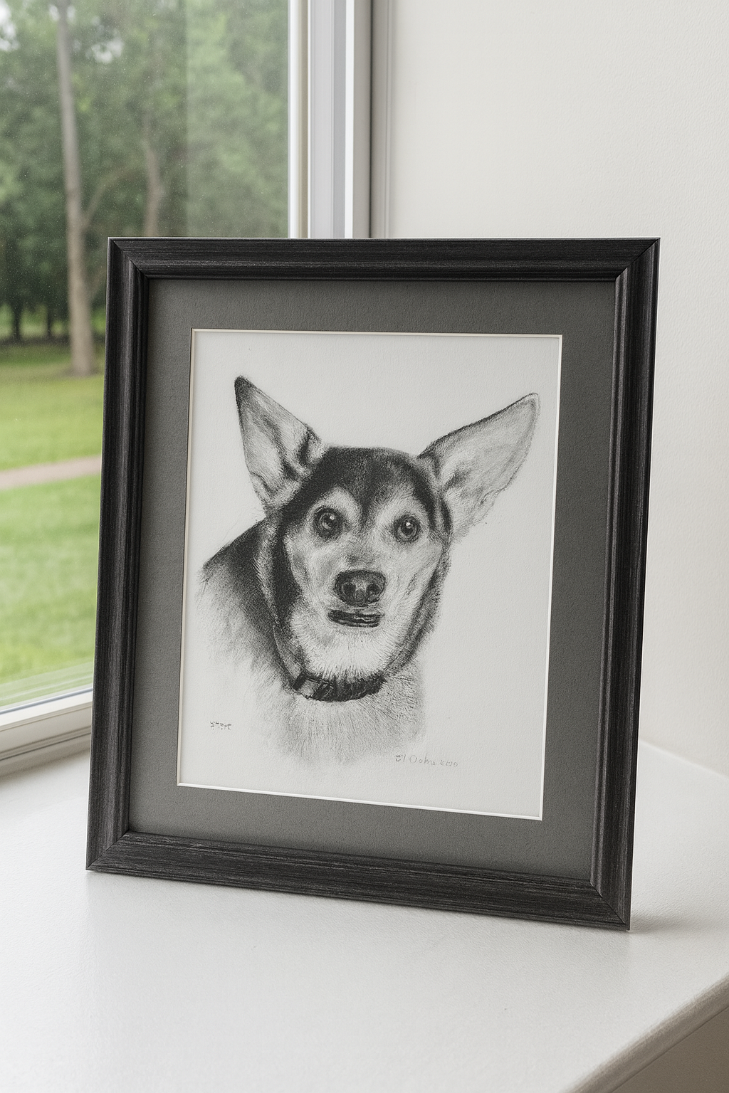 A framed black and white graphite drawing of a dog, placed on a windowsill near a window with a view of a grassy yard with trees.