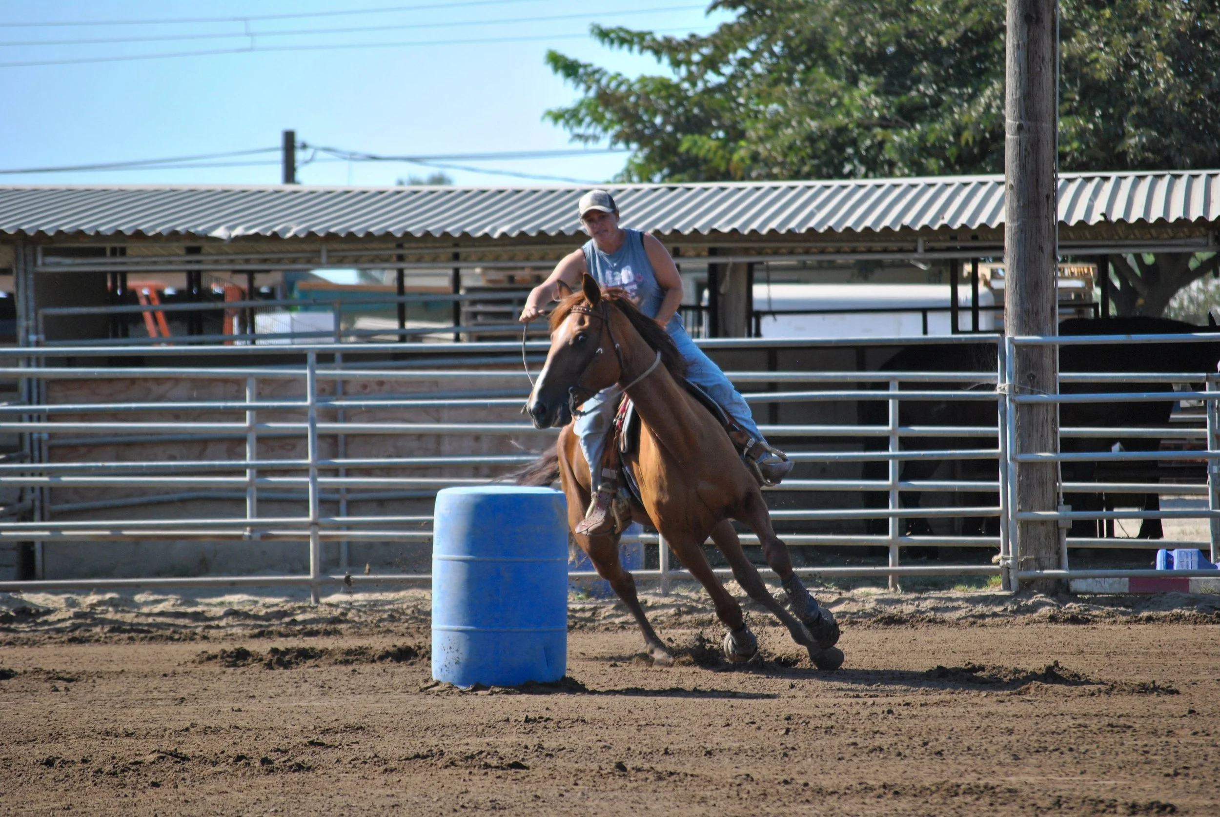A person riding a horse around a blue barrel in an outdoor rodeo arena.