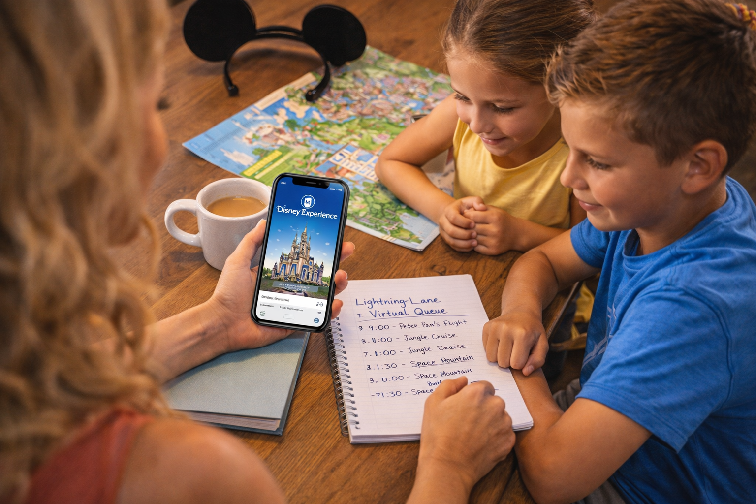 Family reviewing Disney itinerary and Lightning Lane planning with Orlando Disney vacation planner
