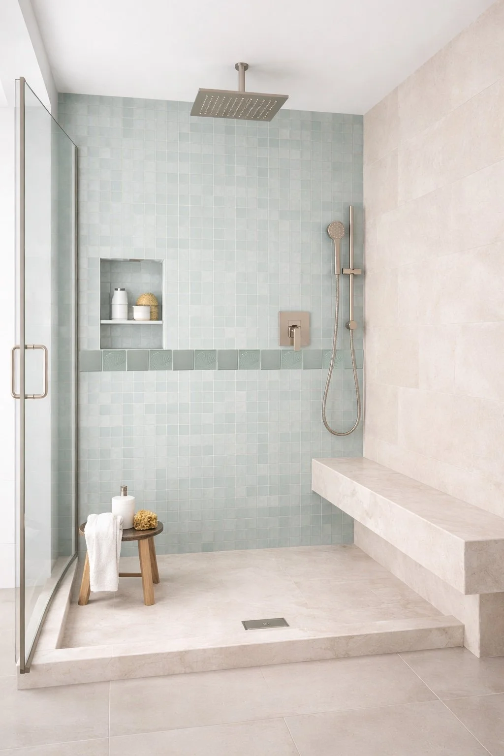 Blue water textured glass tiles for shower, bathroom accent walls and backsplashes