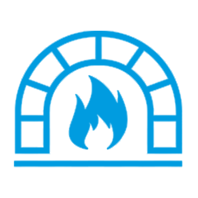 A blue graphic of a fireplace or stove with flames inside.