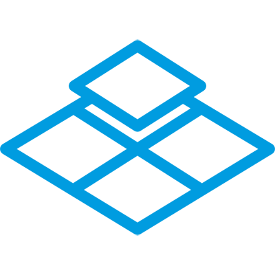 Three overlapping blue squares in a 3D perspective, forming a layered geometric design on a black background.