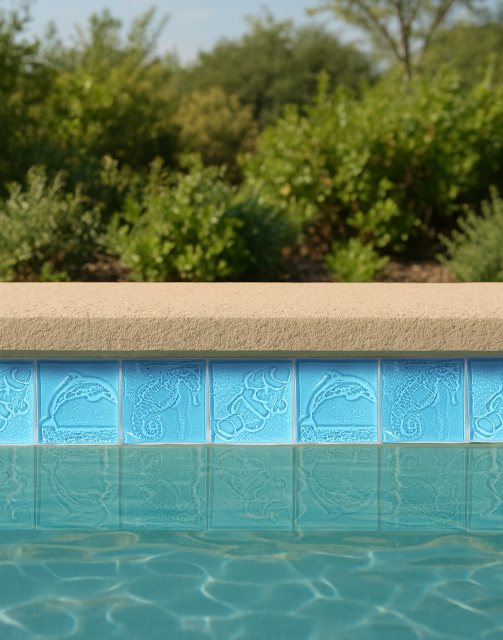 Ocean inspired seahorse, clownfish, dolphin blue textured glass tiles for the pool