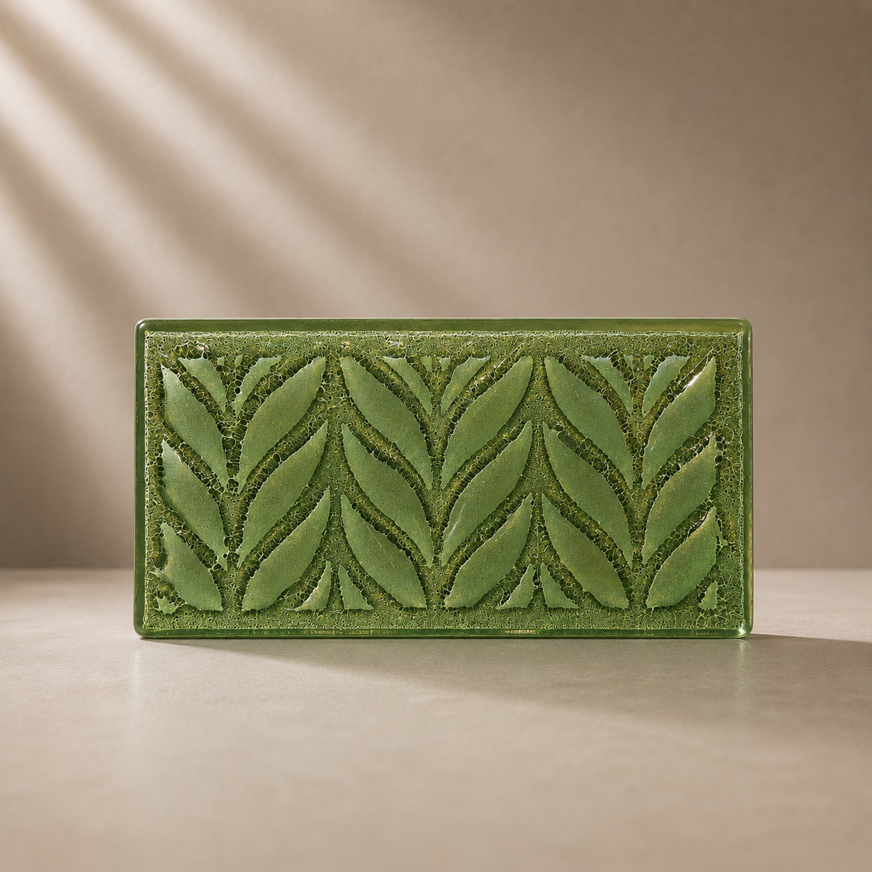 Handcrafted green glass tile for backsplashes, bathrooms, and feature wall installations.