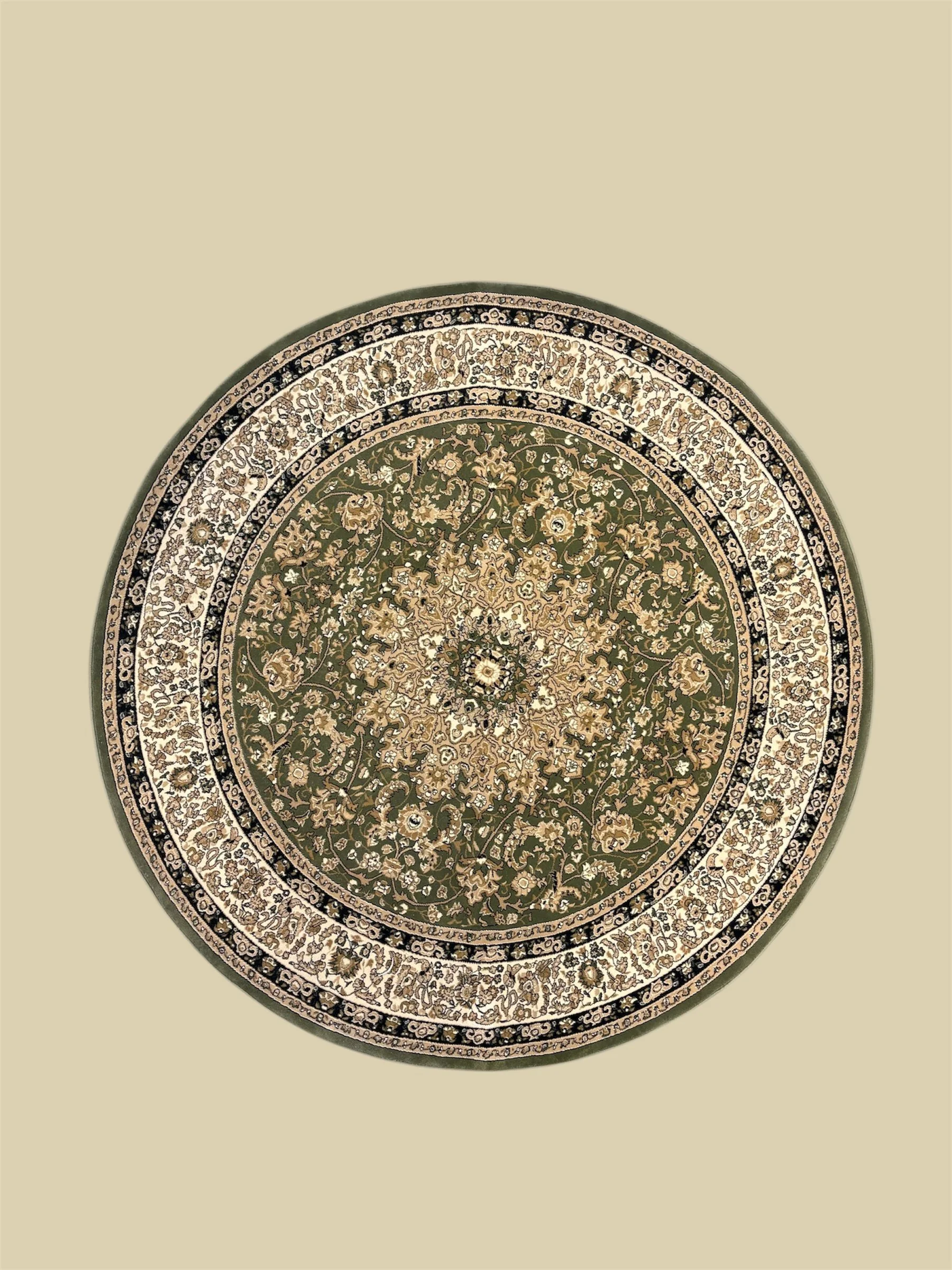 Close-up of a traditional ornate round area rug with intricate floral and vine patterns in shades of beige, gold, black, and green, on a plain beige background.