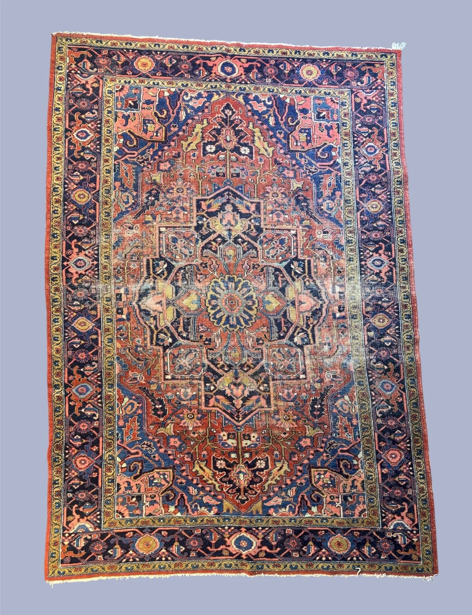 An intricately patterned traditional Persian-style area rug with floral motifs and geometric designs in shades of red, blue, yellow, and pink, with a floral border, placed on a light gray background.
