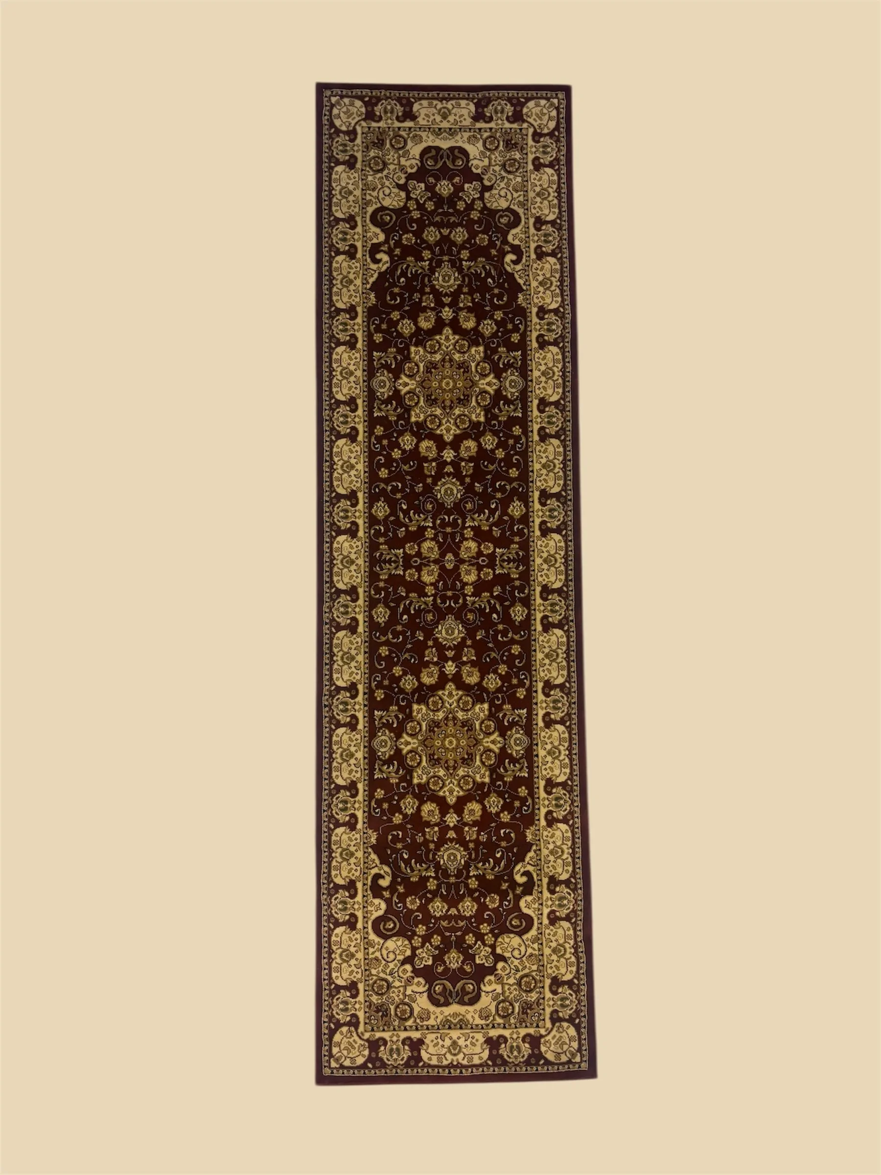 A long, narrow Persian-style rug with a dark red background and intricate beige floral and geometric patterns, bordered by a beige floral design.