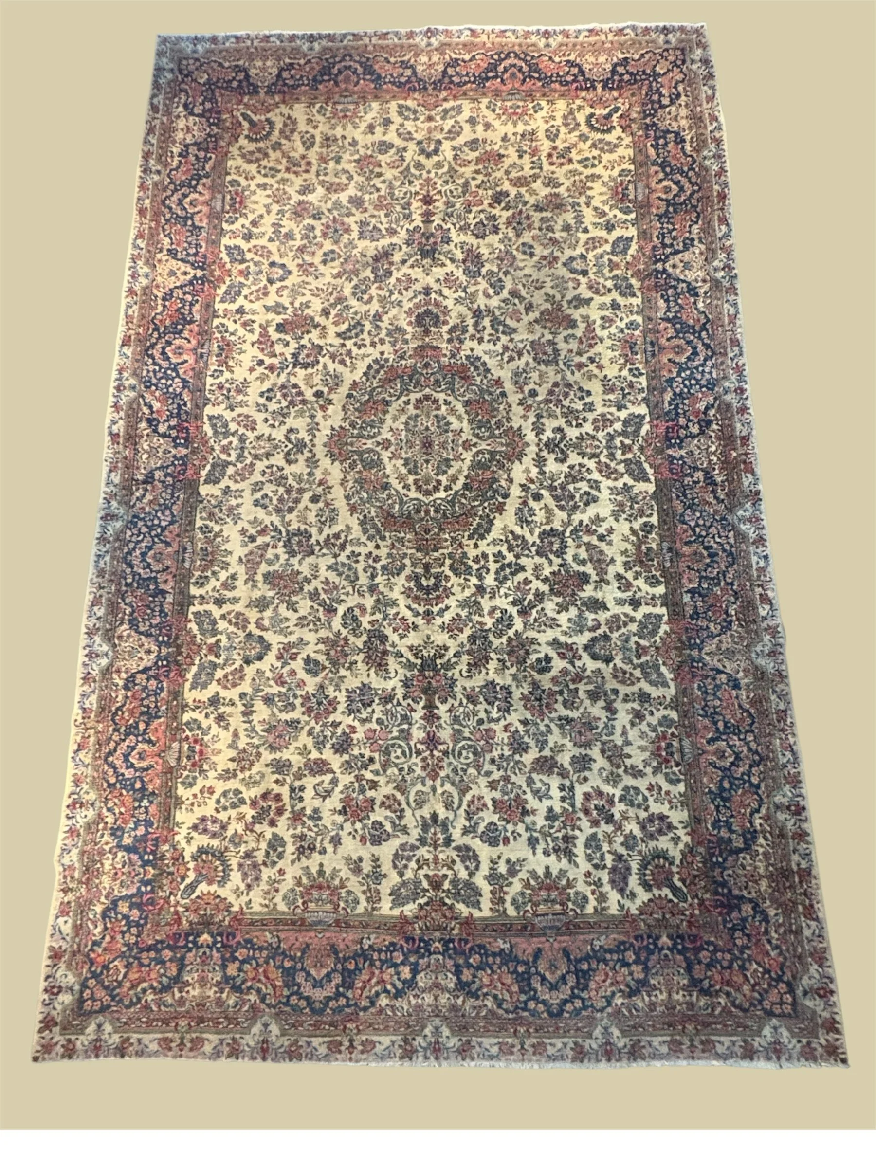 Traditional Persian-style area rug with intricate floral patterns in red, navy blue, beige, and green colors.