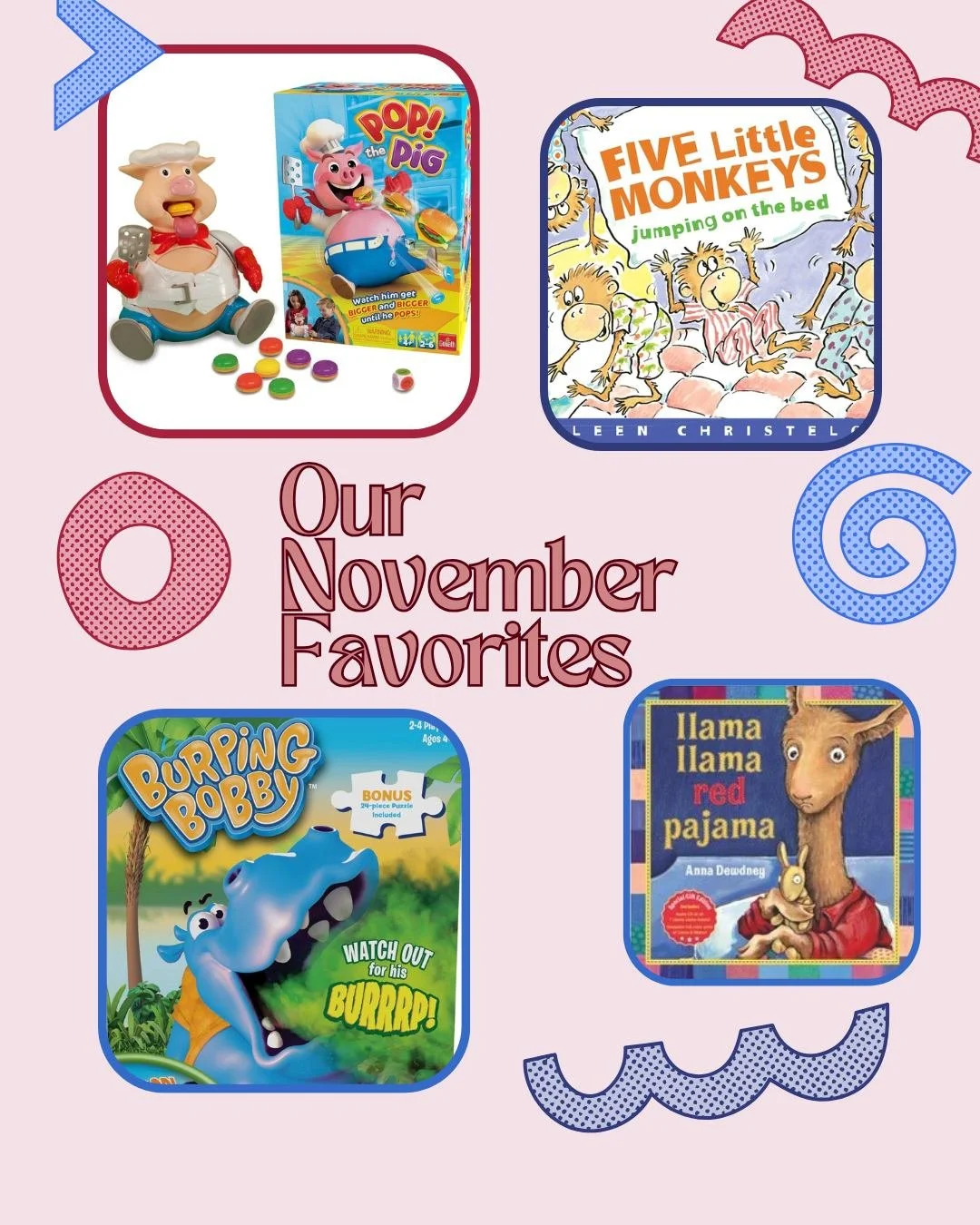 At Caroline&rsquo;s Speech Retreat we have been super busy playing wirh all kinds of fun toys and books this months.  Here are our favorites! 
Pop the Pig is a new favorite for getting tons of repetitions of targets (think 5 per burger)! https://amzn