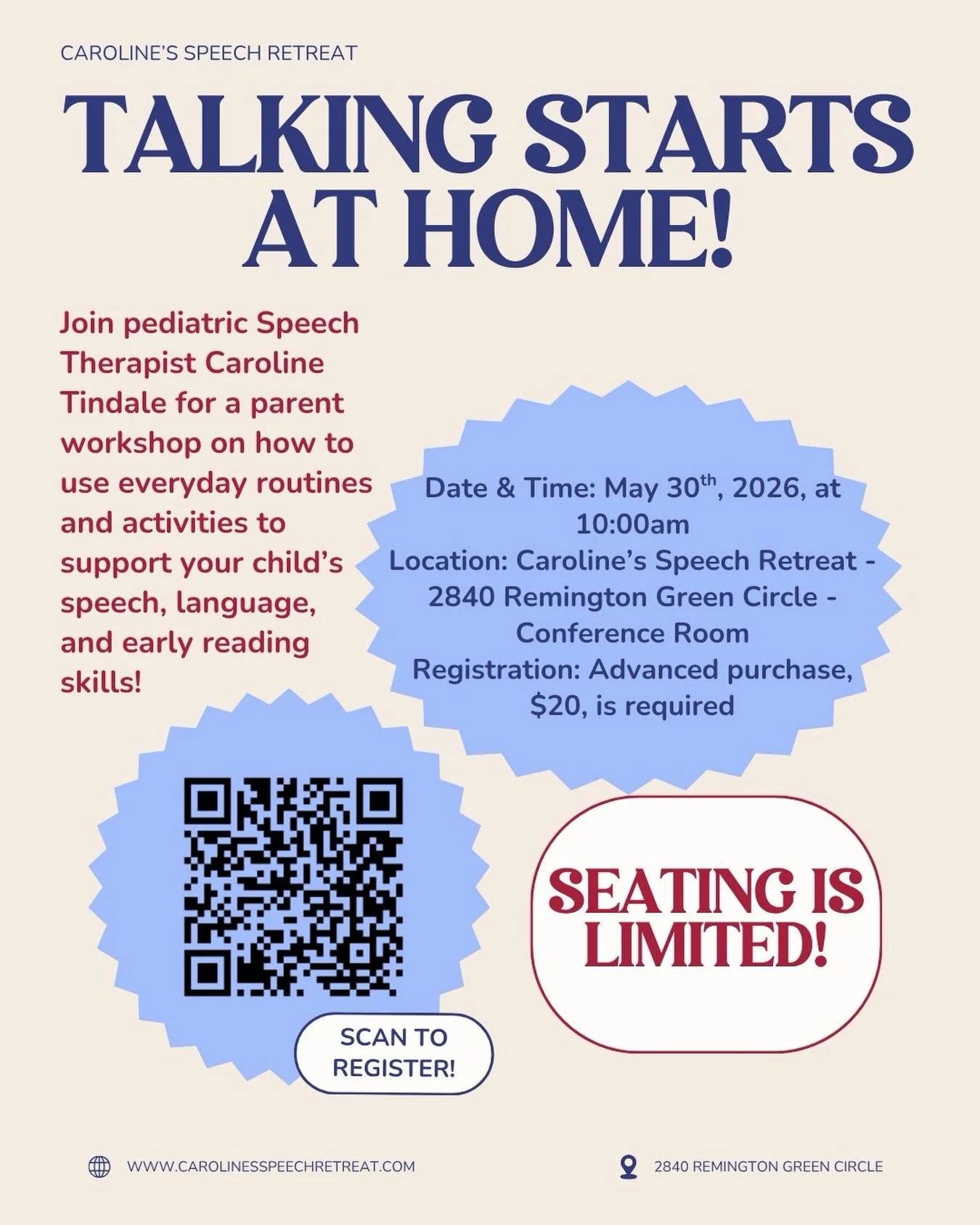 NEXT SATURDAY- Join me as we discuss my tips and tricks to get your kiddo talking. Seating is limited and advanced purchase is required. www.carolinesspeechretreat.com/events to register. Share with a friend that you know needs this!!