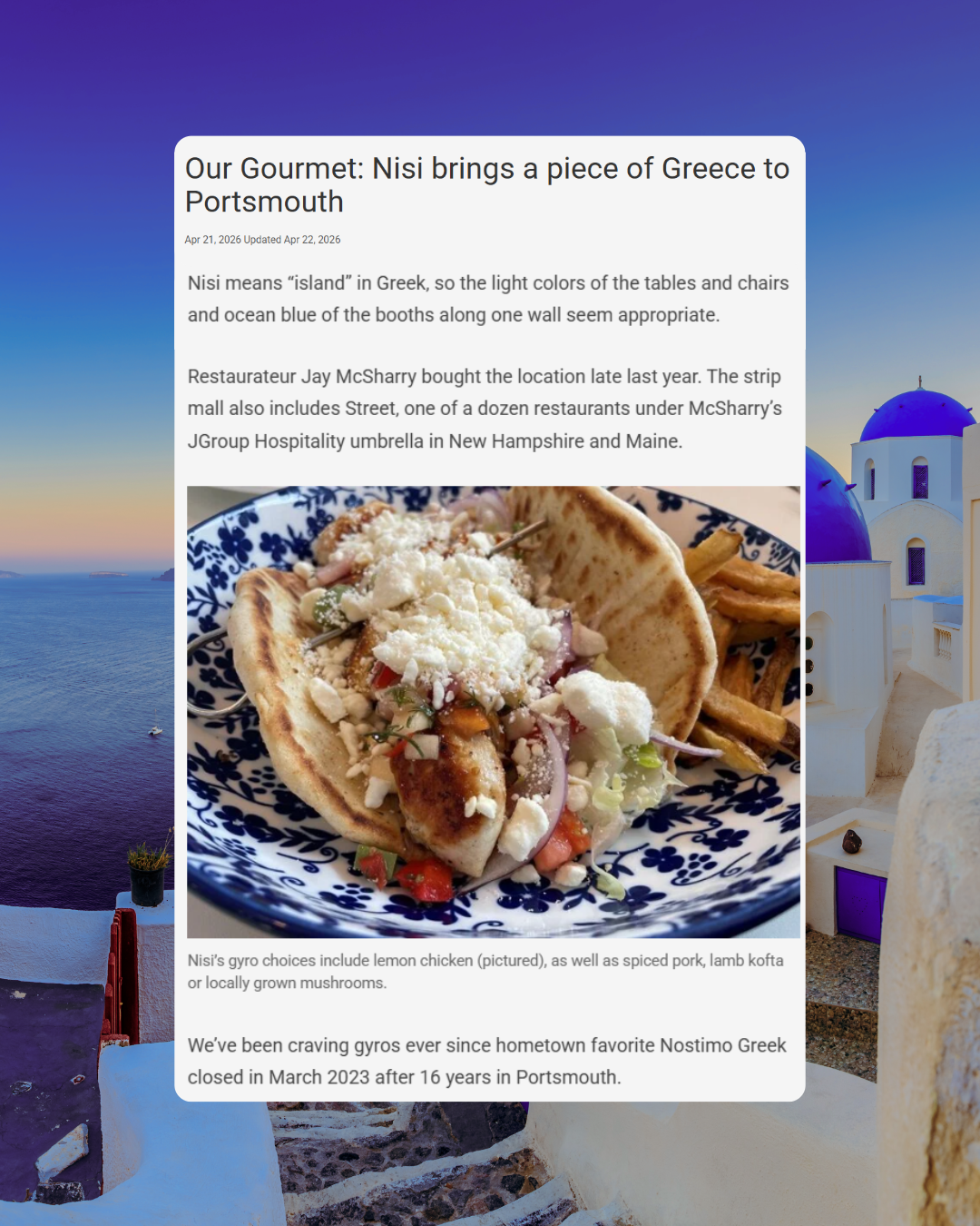 Nisi Greek restaurant featured in Union Leader Portsmouth NH