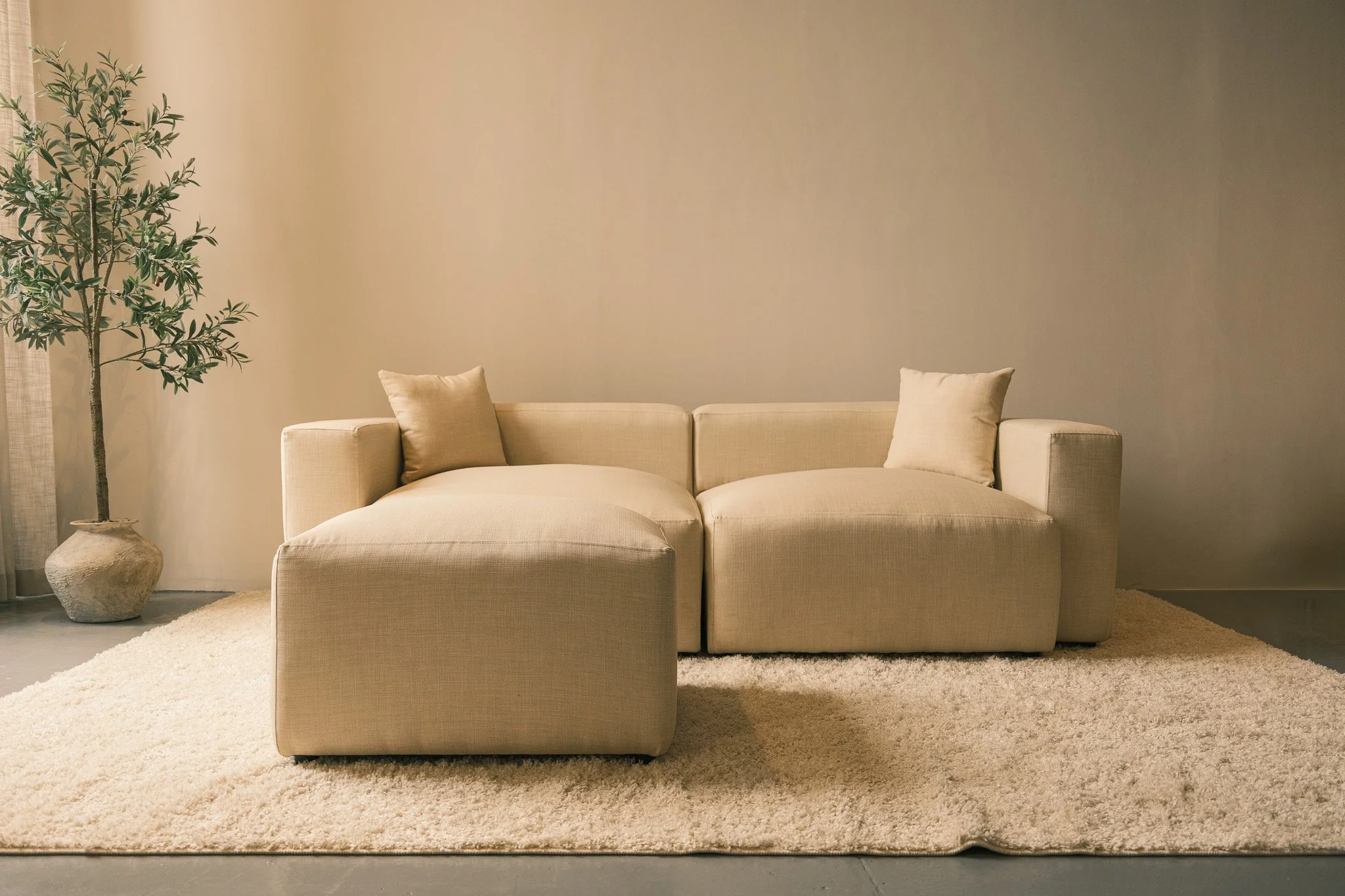 A beige sofa with two matching pillows on a cream shaggy rug in a minimalist room with a potted plant on the left and a neutral wall.