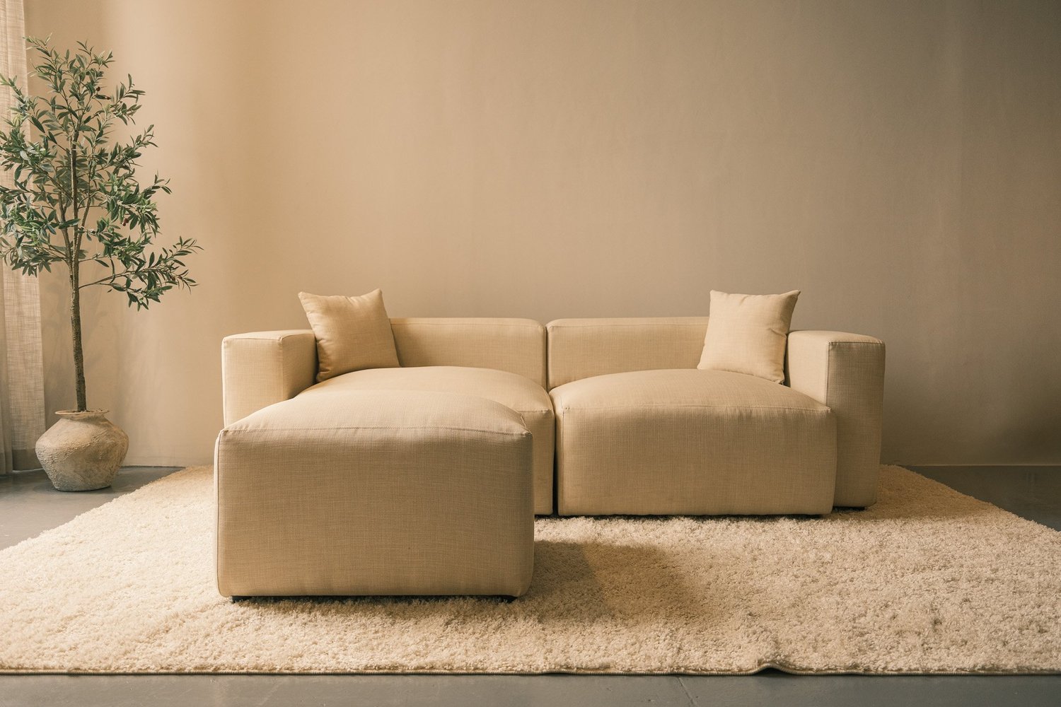 Cream lounge set and olive tree at ACAI Studios