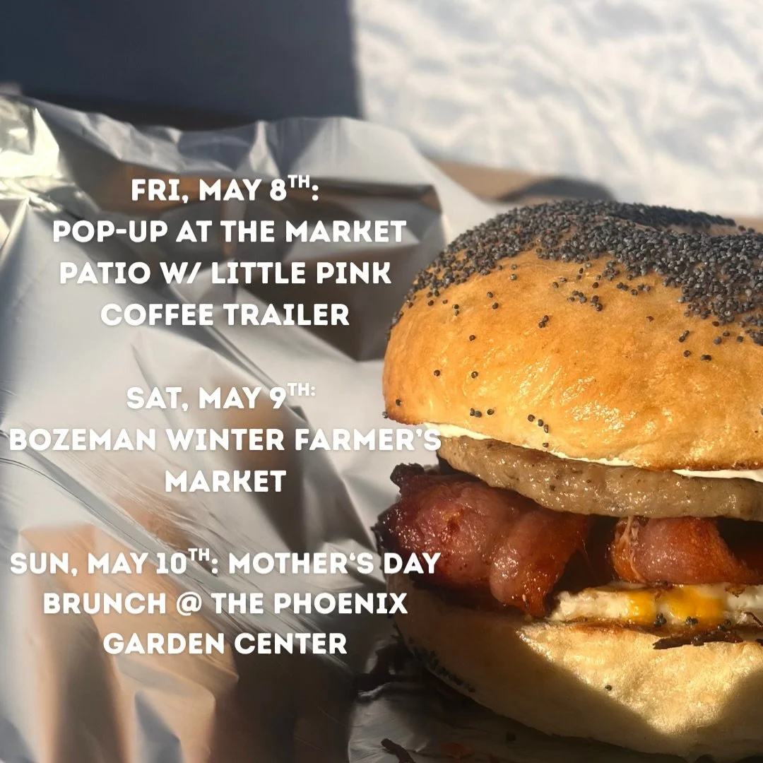 BIG bagel weekend coming up! Come see us tomorrow for a pop-up @thelittlepinkcoffeetrailer.bzn, Saturday at the @bozemanwintermarket, and Sunday at @phoenixgc_bozeman for Mother&rsquo;s Day! Spring is upon us so come and grab some bagels! Want to pre