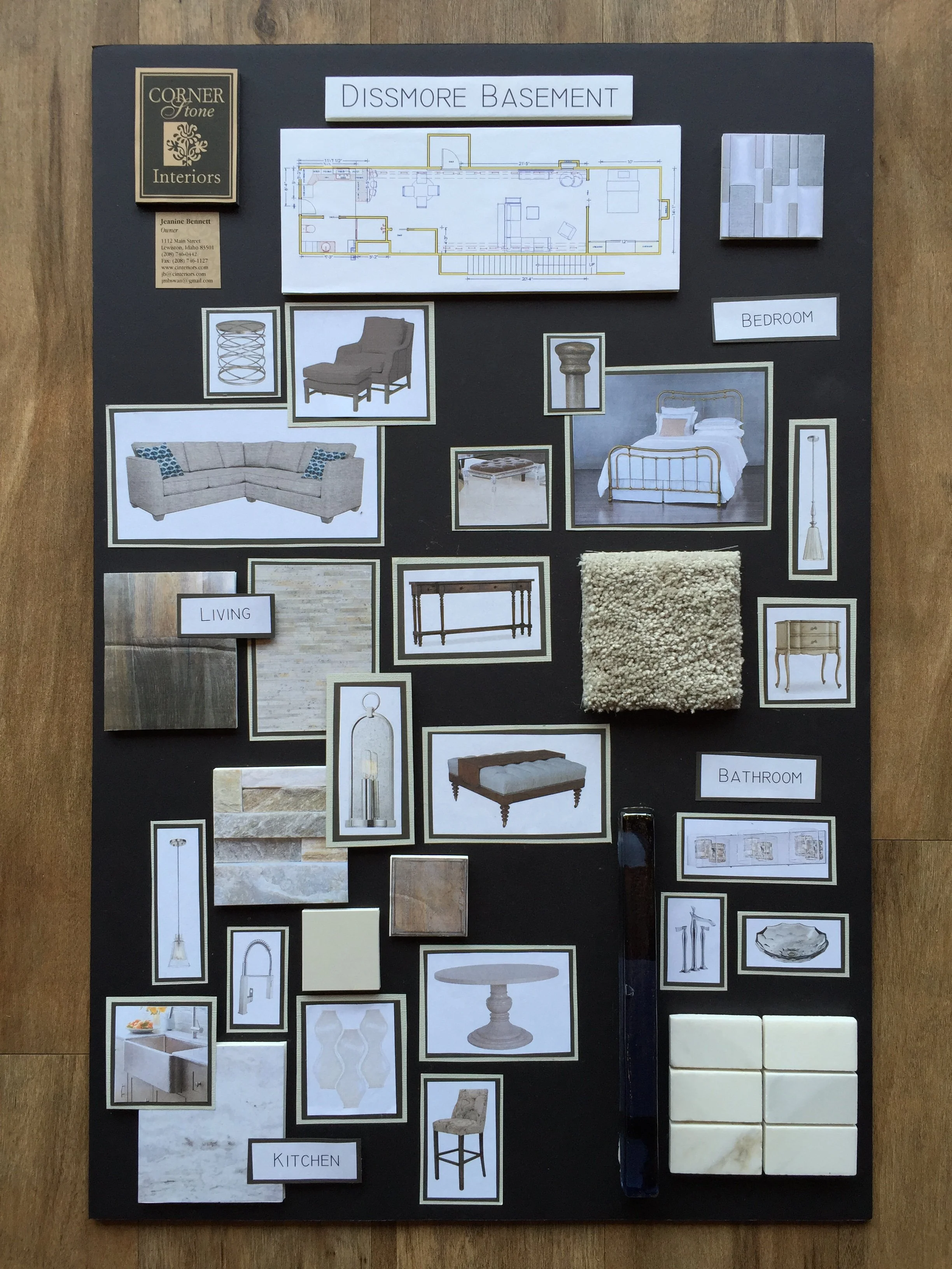 Design board with furniture and interior design ideas, including a sectional sofa, chairs, tables, lighting fixtures, and decorative accessories, divided into living and bedroom sections.