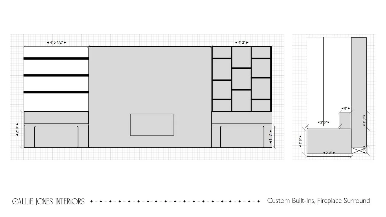 Architectural plan for a custom built-ins fireplace surround with detailed measurements and layout.