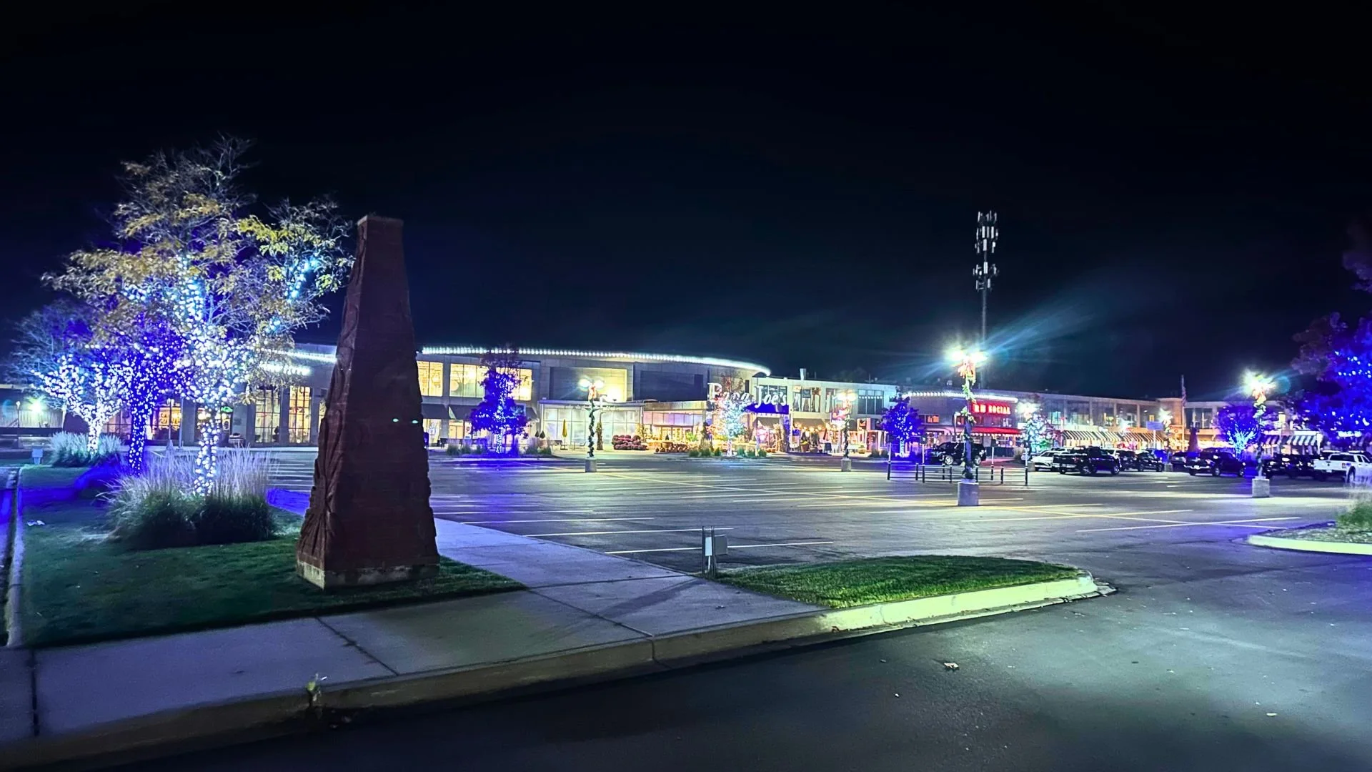 Night view of a shopping mall with Christmas or holiday lights, decorated trees, and parked cars.
