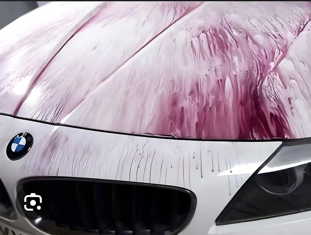 Before and after iron decontamination service on white BMW showing removal of embedded brake dust and metallic particles that cause orange rust spots, demonstrating professional paint decontamination results during mobile car detailing service in Los